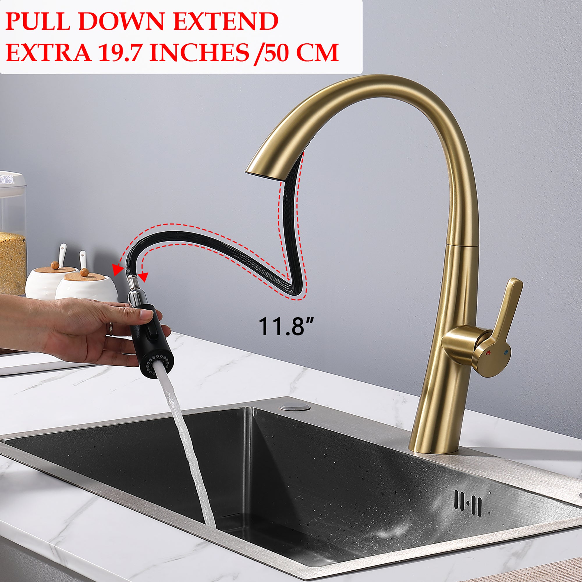 Single Handle Stainless Steel Pull Out Kitchen Faucet – Brushed Gold, High-Arc, Dual-Mode