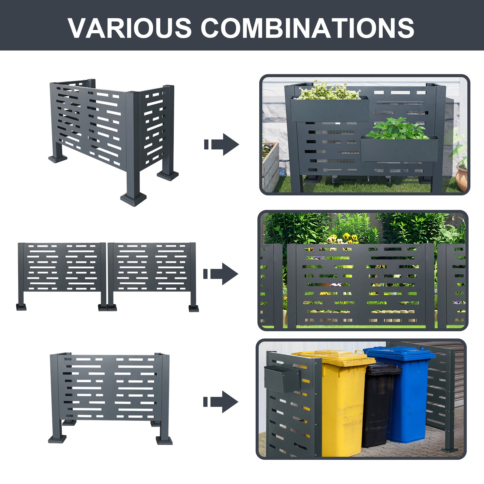 3 x 2 FT Metal Air Conditioner Privacy Fence — 3‑Panel Charcoal AC Cover, Freestanding Enclosure