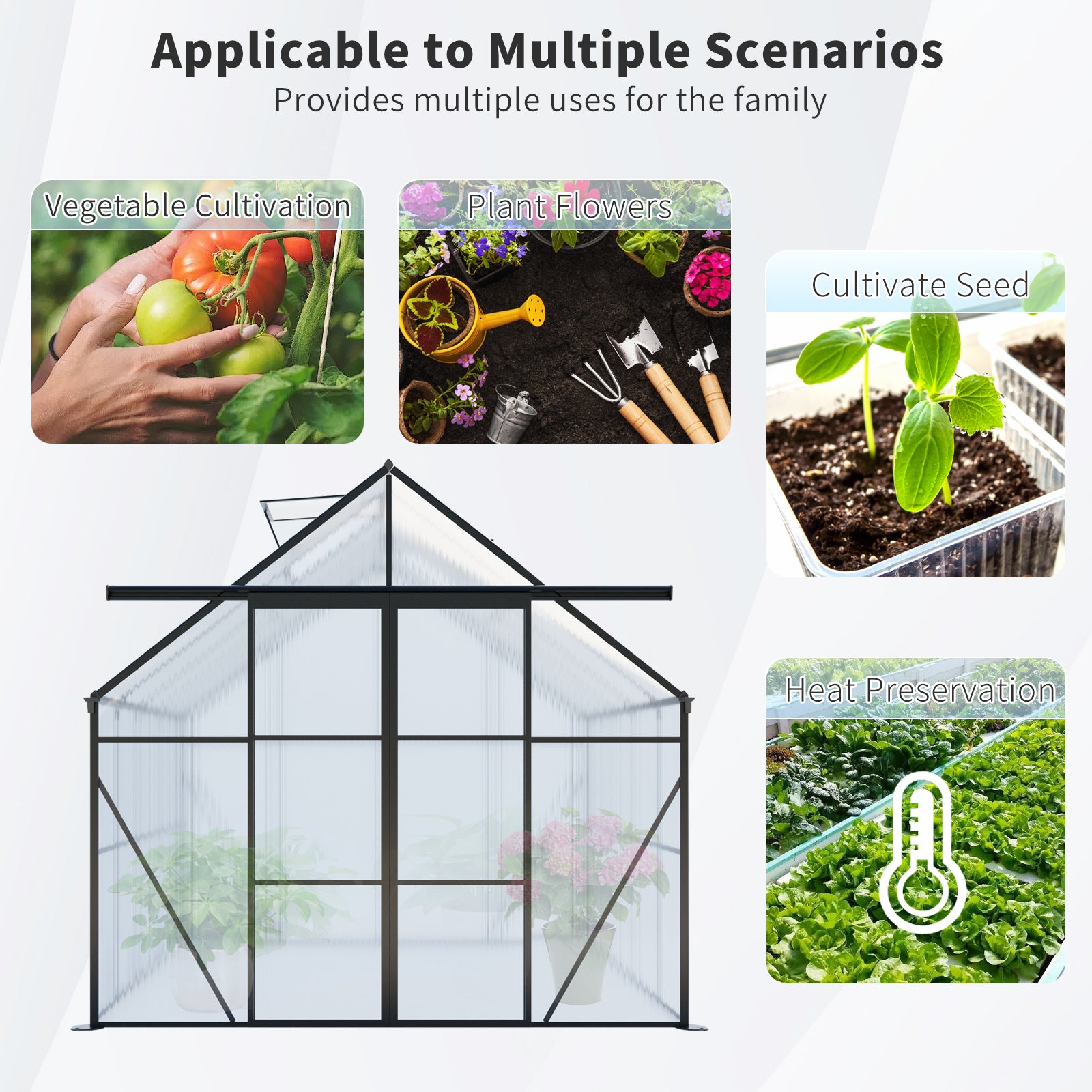 8ft x 8ft Heavy‑Duty Aluminum Walk‑In Greenhouse — Double Doors Polycarbonate Panels Raised Base & Drainage System Black