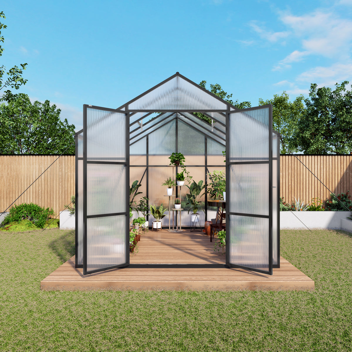 8ft x 10ft Heavy‑Duty Aluminum Walk‑In Greenhouse — 4mm Polycarbonate Panels Drainage System & Adjustable Vents Black