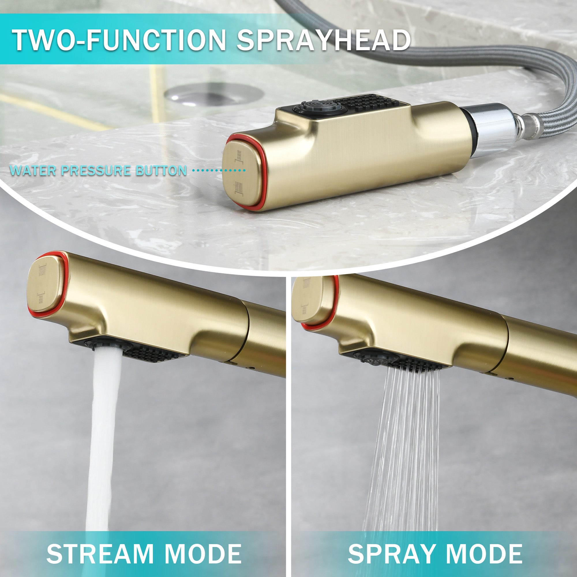 Brushed Gold Pull-Down Vessel Faucet - Single Hole Bathroom Sink Faucet with Lift Spout & Dual Spray Modes