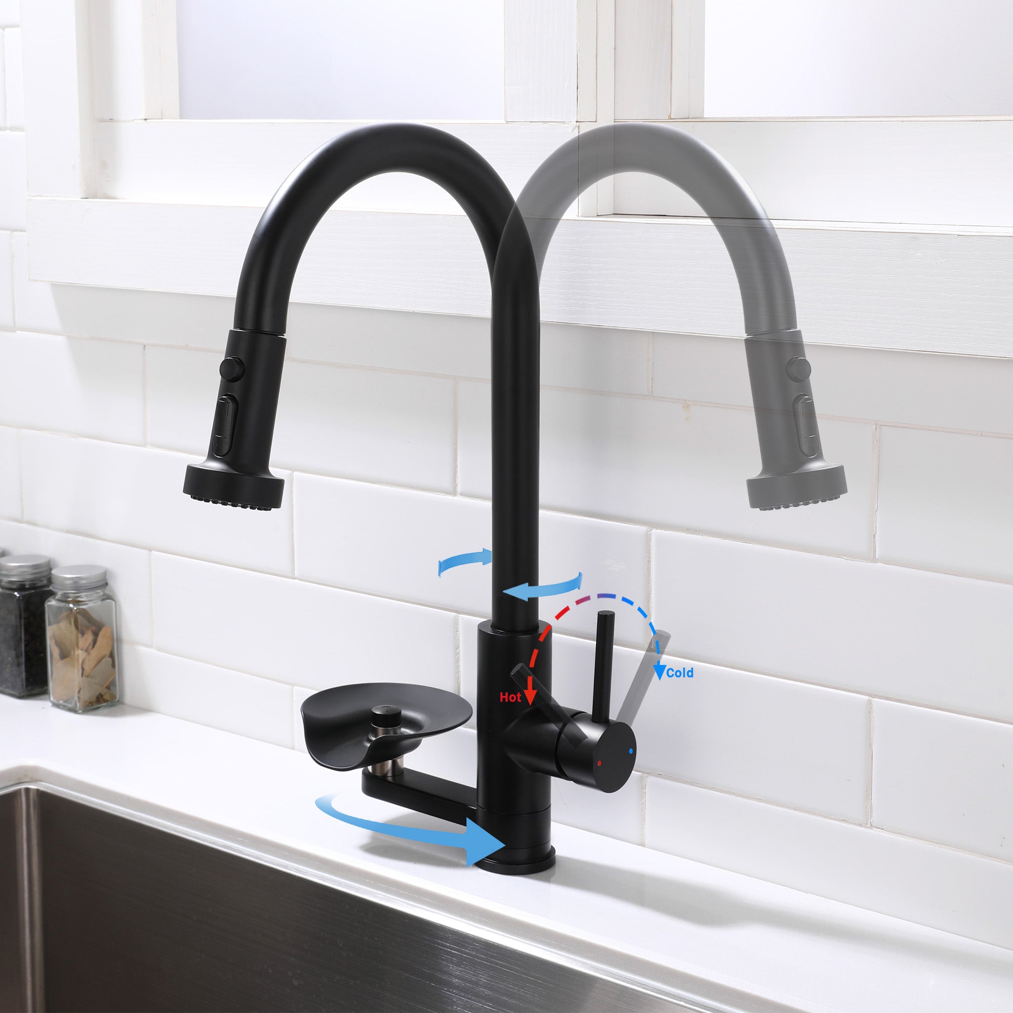 3-in-1 Kitchen Faucet with Press-Type Glass Rinser, High-Arc Pull-Down Sprayer Faucet, 3 Function Spray Mode, Matte Black Finish, for Modern Kitchen Sink