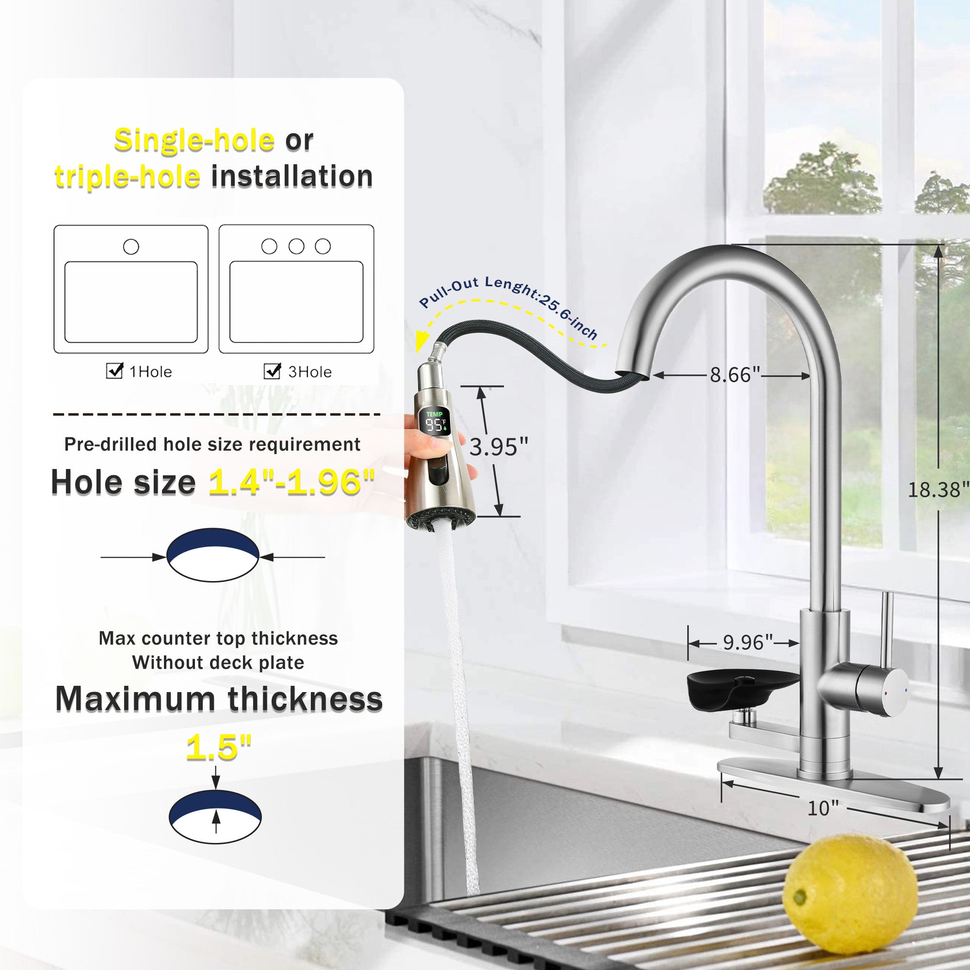 3-in-1 Kitchen Faucet with 3-Color LED Temperature Display, Press-Type Glass Rinser, High-Arc Pull-Down Sprayer, 3 Spray Modes, Brushed Nickel Finish for Modern Kitchen Sink
