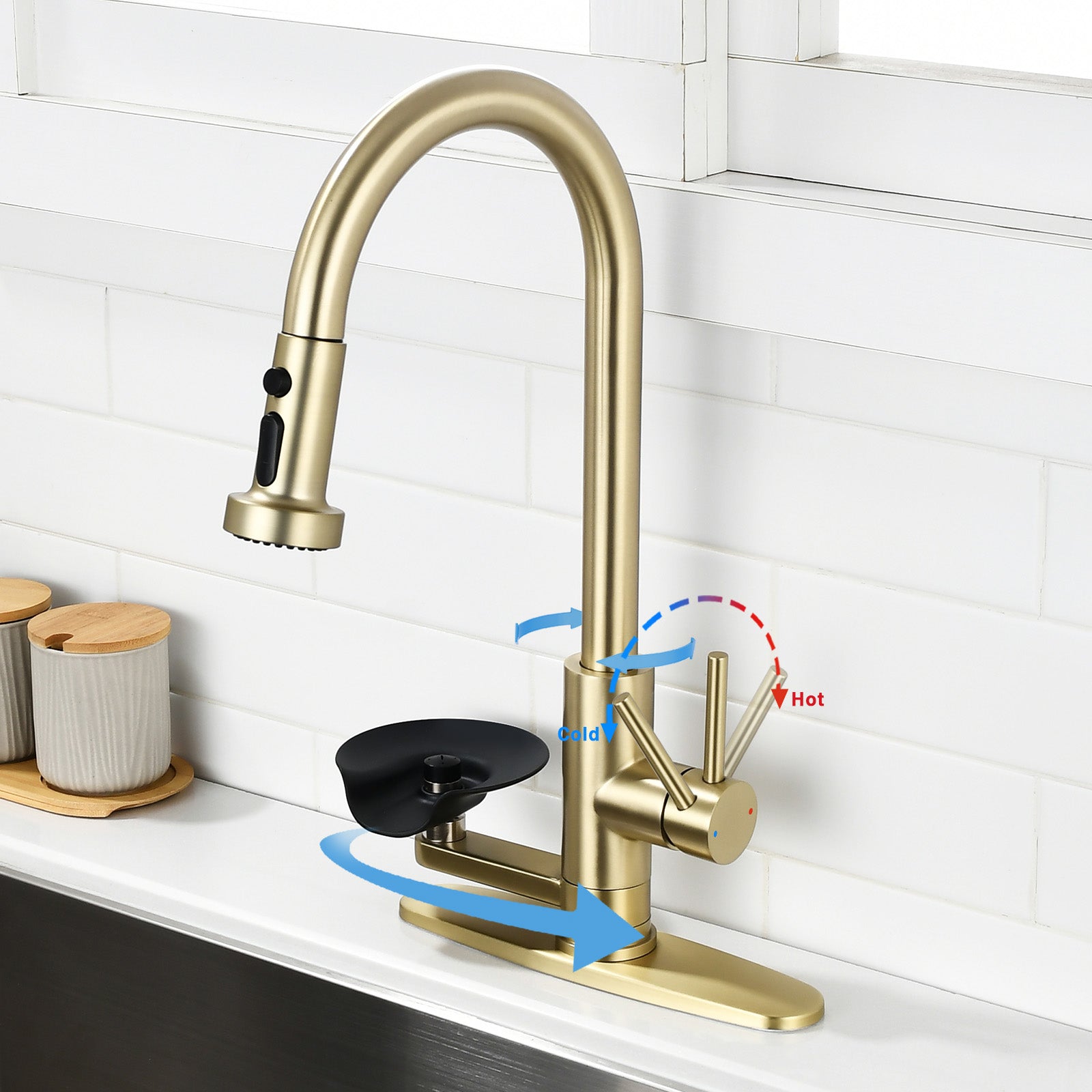 3-in-1 Kitchen Faucet with Press-Type Glass Rinser, Universal for 1 & 3 Holes, High-Arc Pull-Down Sprayer with 3 Function Spray Mode, Brushed Gold Finish