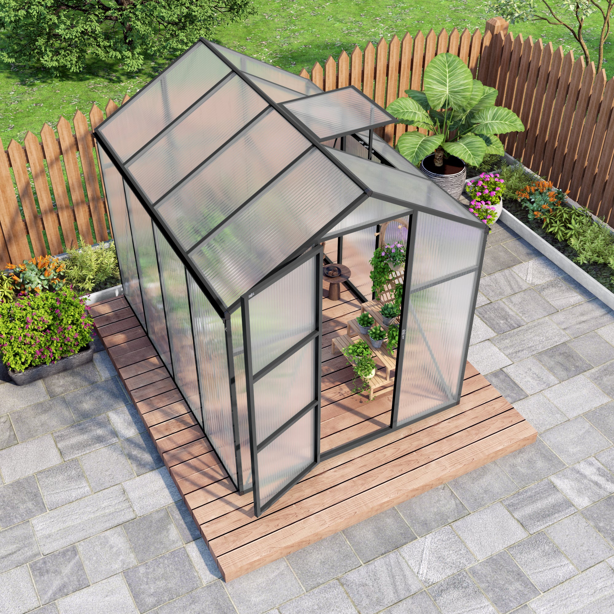 6ft x 8ft Heavy‑Duty Aluminum Walk‑In Greenhouse — Wind‑Resistant Polycarbonate Panels with Raised Base & Drainage System Black