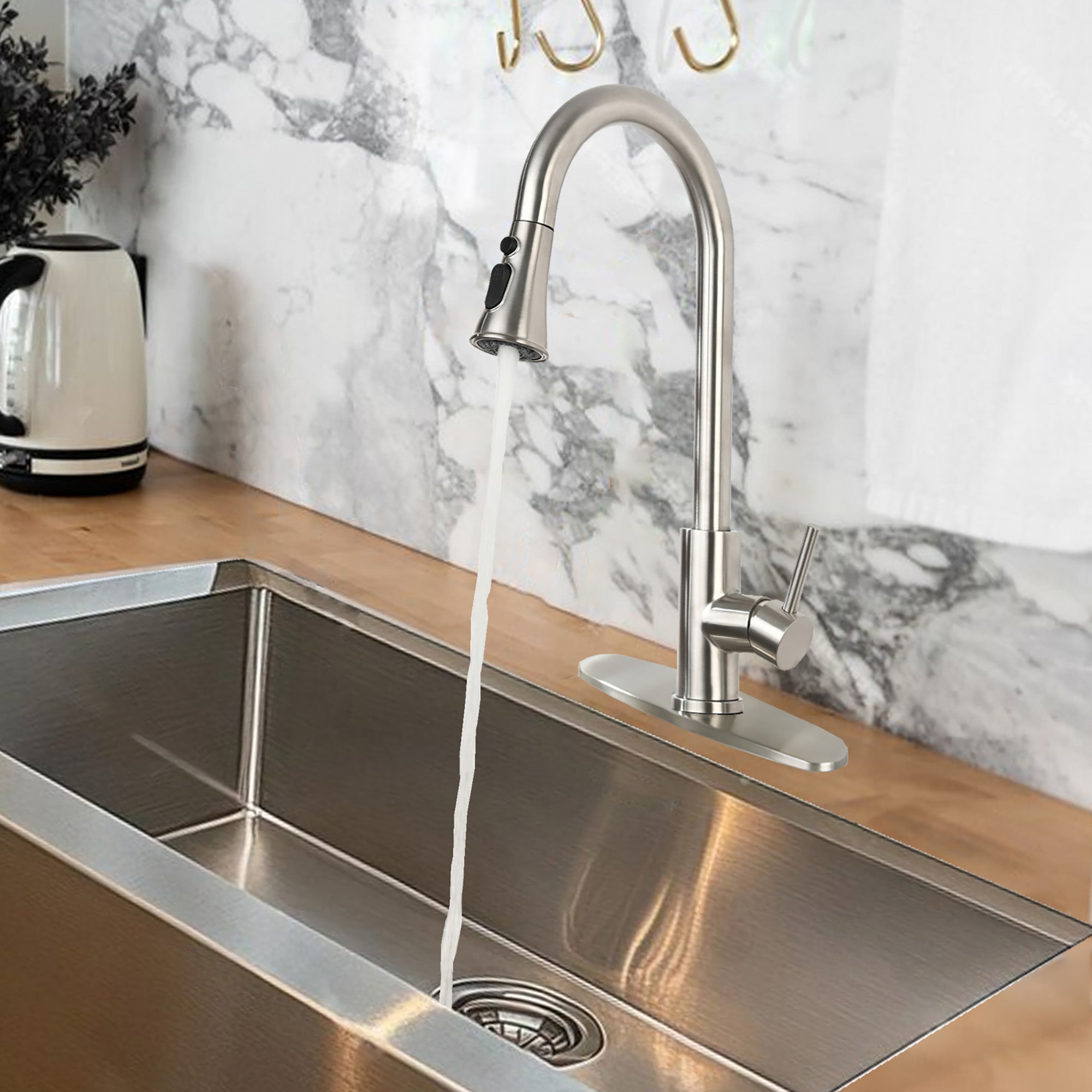 Brushed Nickel Pull-Down Kitchen Faucet - Single Hole Deck Mount with Stainless Steel Sprayer & Single Handle Control