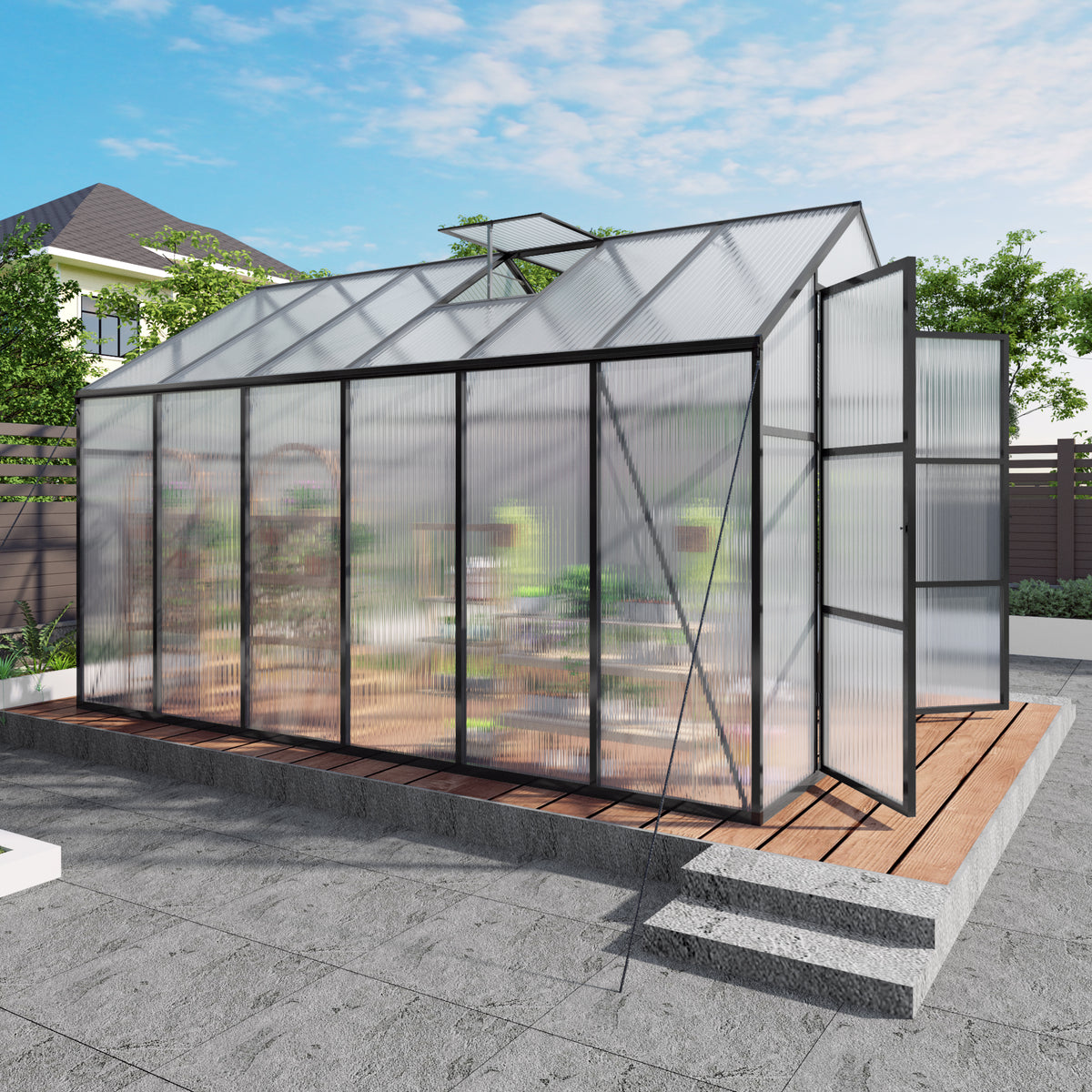 8ft x 12ft Heavy‑Duty Aluminum Walk‑In Greenhouse — 4mm Polycarbonate Panels Raised Base & Drainage System Black