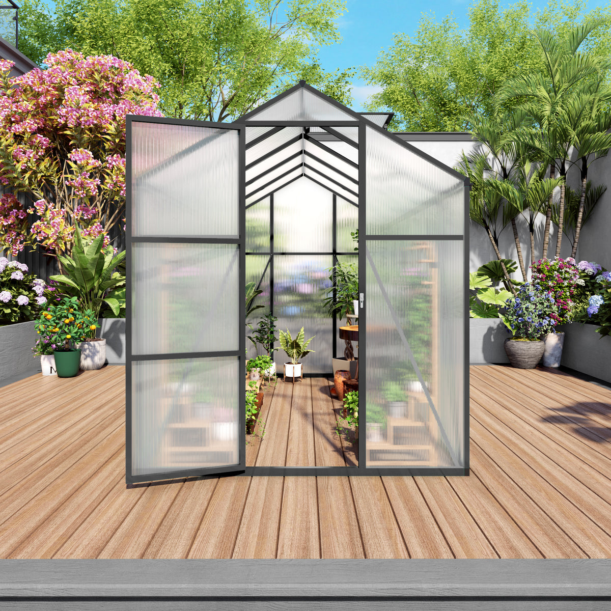 6ft x 10ft Heavy‑Duty Aluminum Walk‑In Greenhouse — Wind‑Resistant Polycarbonate Panels with Raised Base & Drainage System Black