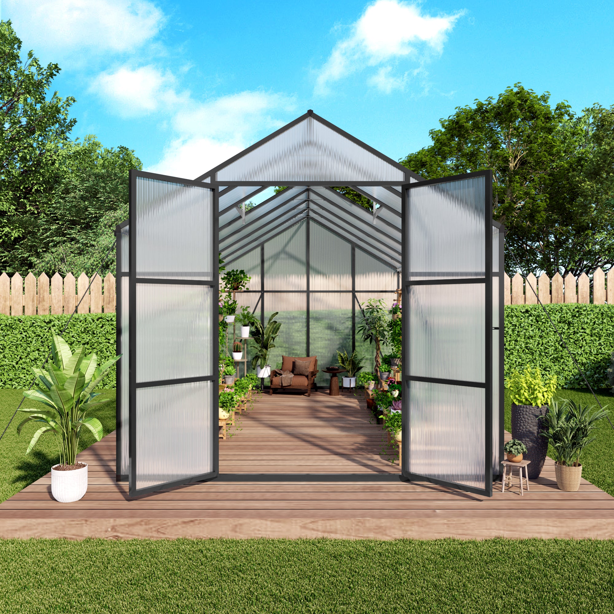 8ft x 14ft Heavy‑Duty Aluminum Walk‑In Greenhouse — Raised Base Polycarbonate Panels & Drainage System Black