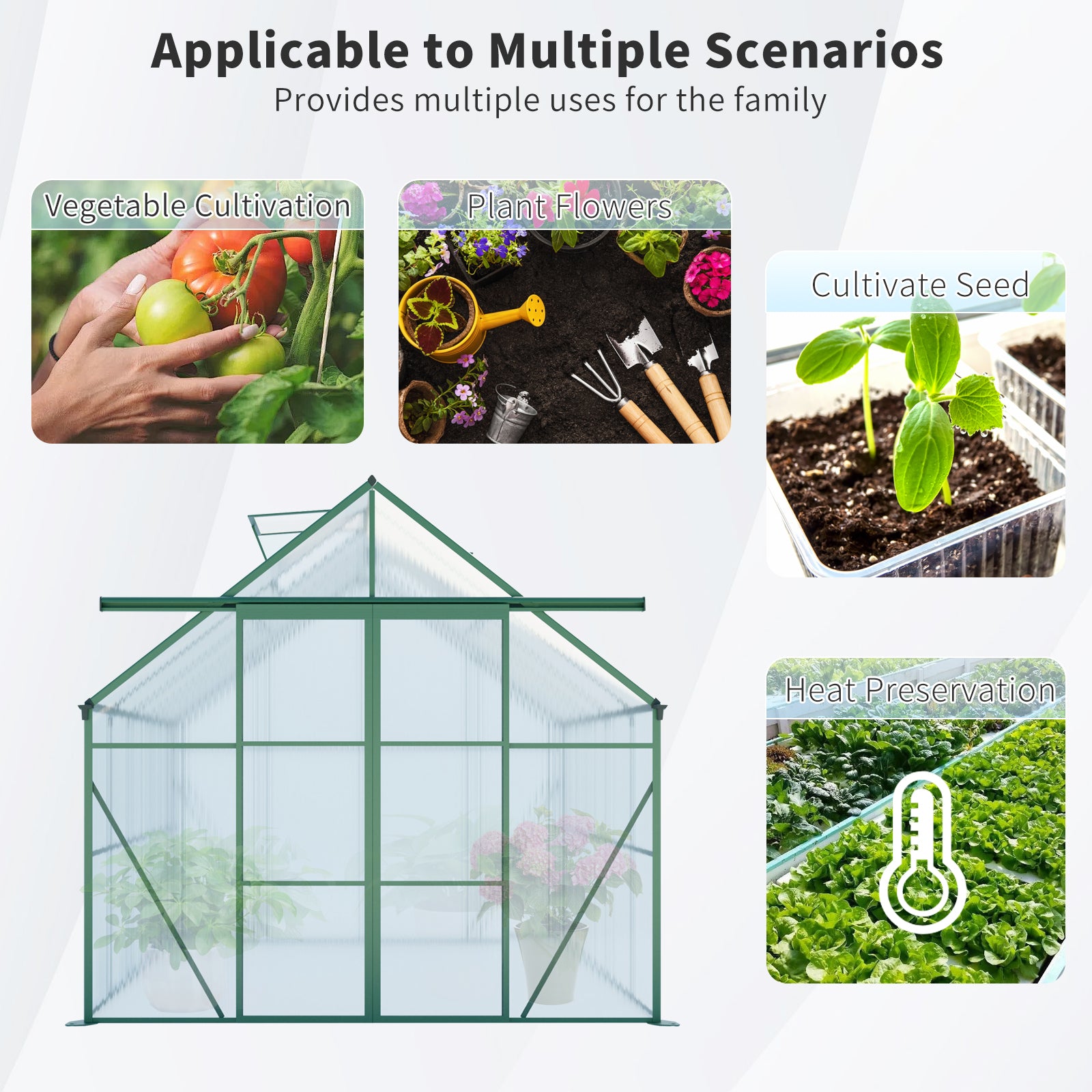 8ft x 6ft Heavy‑Duty Aluminum Walk‑In Greenhouse — Double Doors Adjustable Roof & Polycarbonate Panels Green
