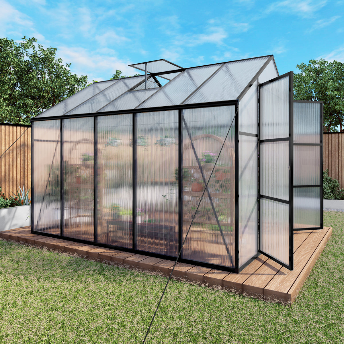 8ft x 10ft Heavy‑Duty Aluminum Walk‑In Greenhouse — 4mm Polycarbonate Panels Drainage System & Adjustable Vents Black