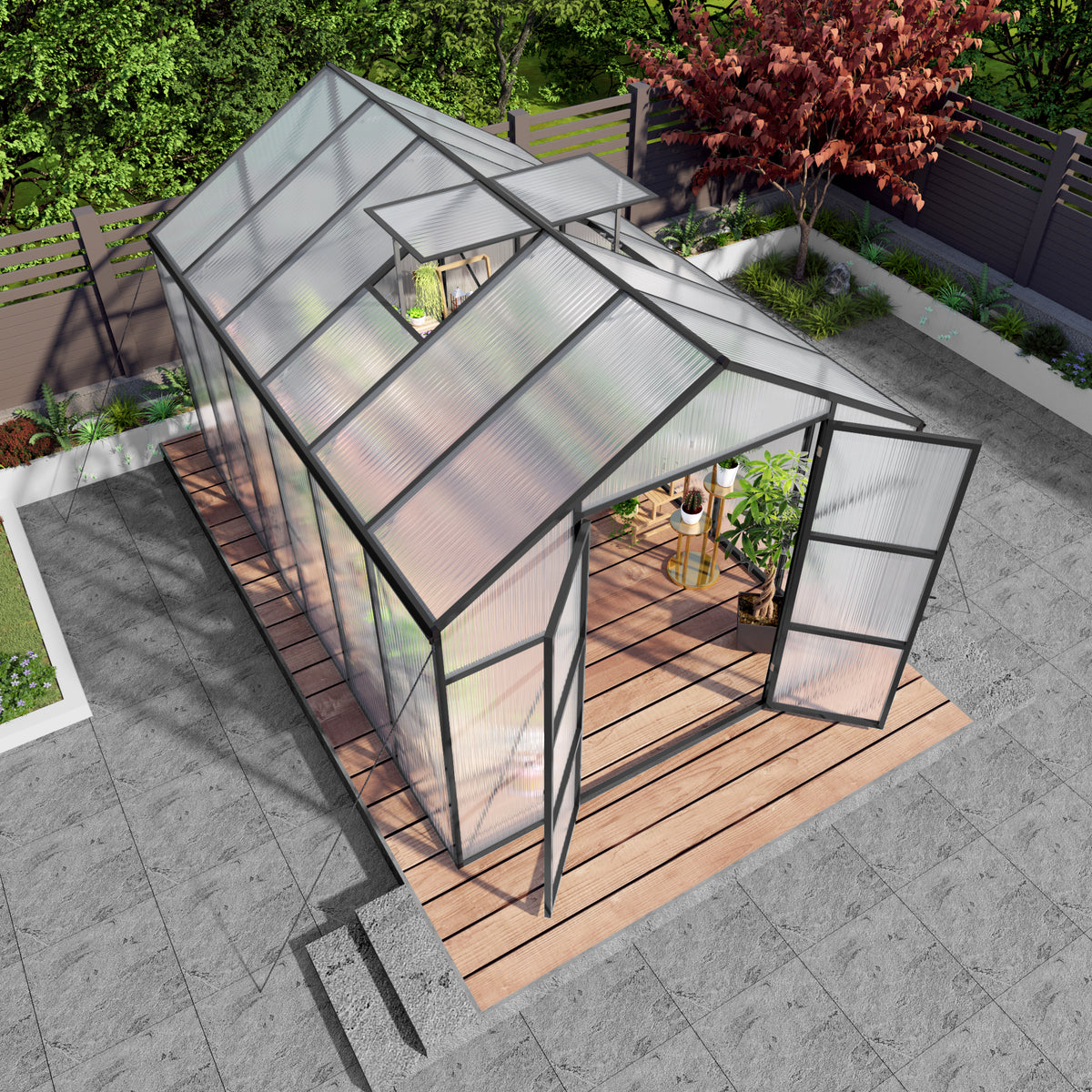 8ft x 12ft Heavy‑Duty Aluminum Walk‑In Greenhouse — 4mm Polycarbonate Panels Raised Base & Drainage System Black