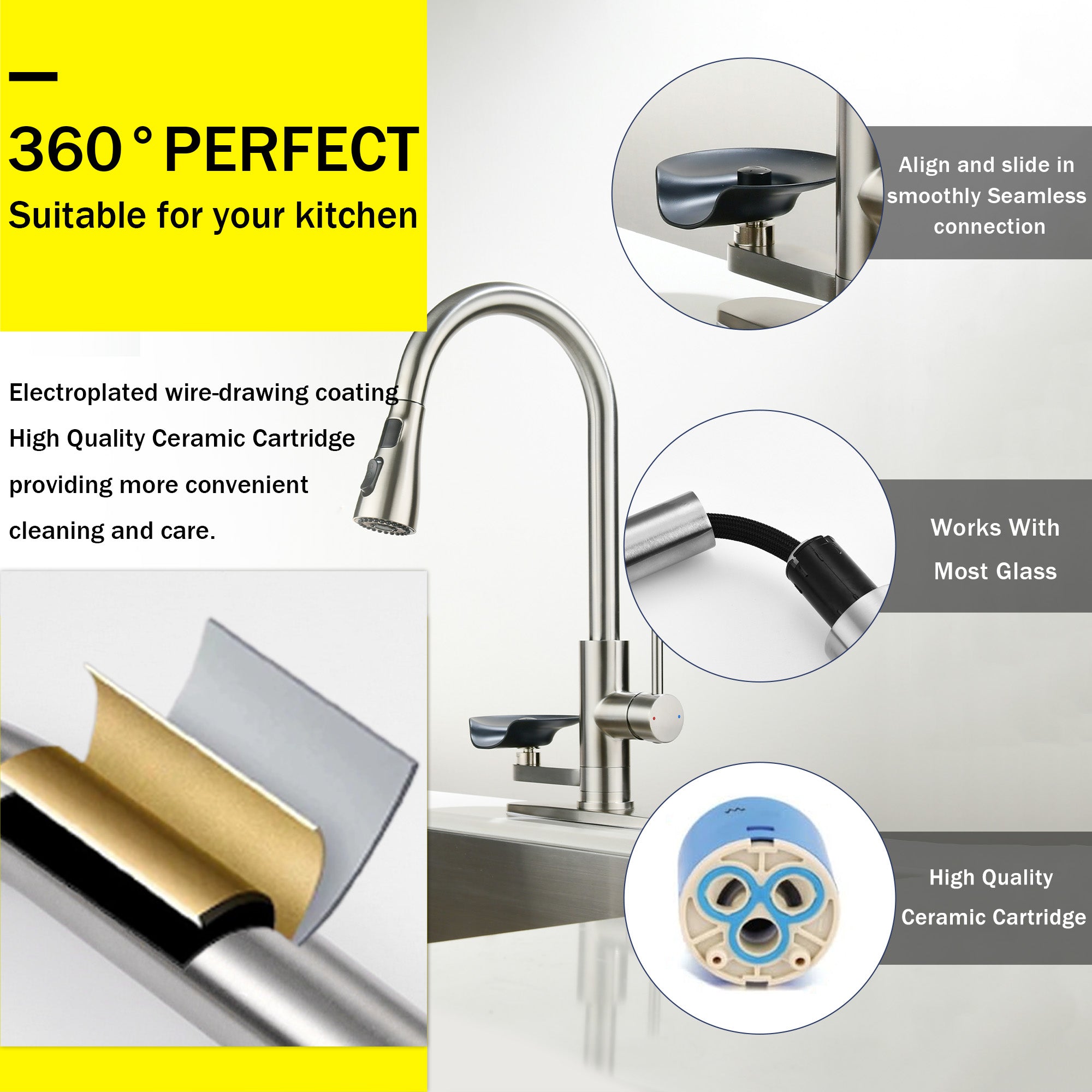 3-in-1 Kitchen Faucet with 3-Color LED Temperature Display, Press-Type Glass Rinser, High-Arc Pull-Down Sprayer, 3 Spray Modes, Brushed Nickel Finish for Modern Kitchen Sink