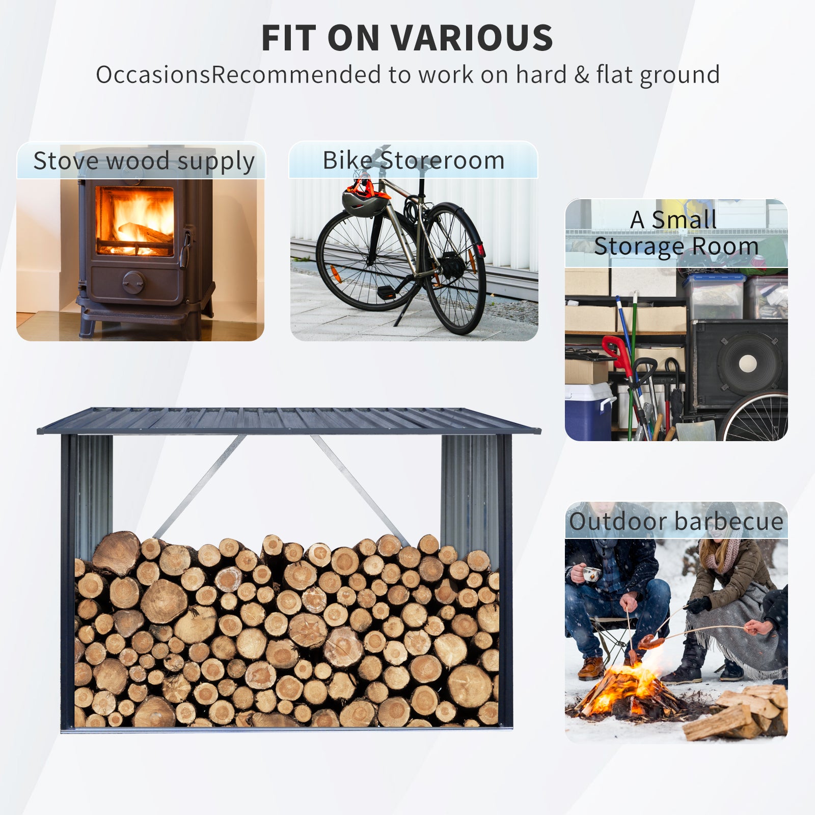 Outdoor Steel Firewood Rack with Sloped Roof Wood Shed — 85.5" Wide, Black