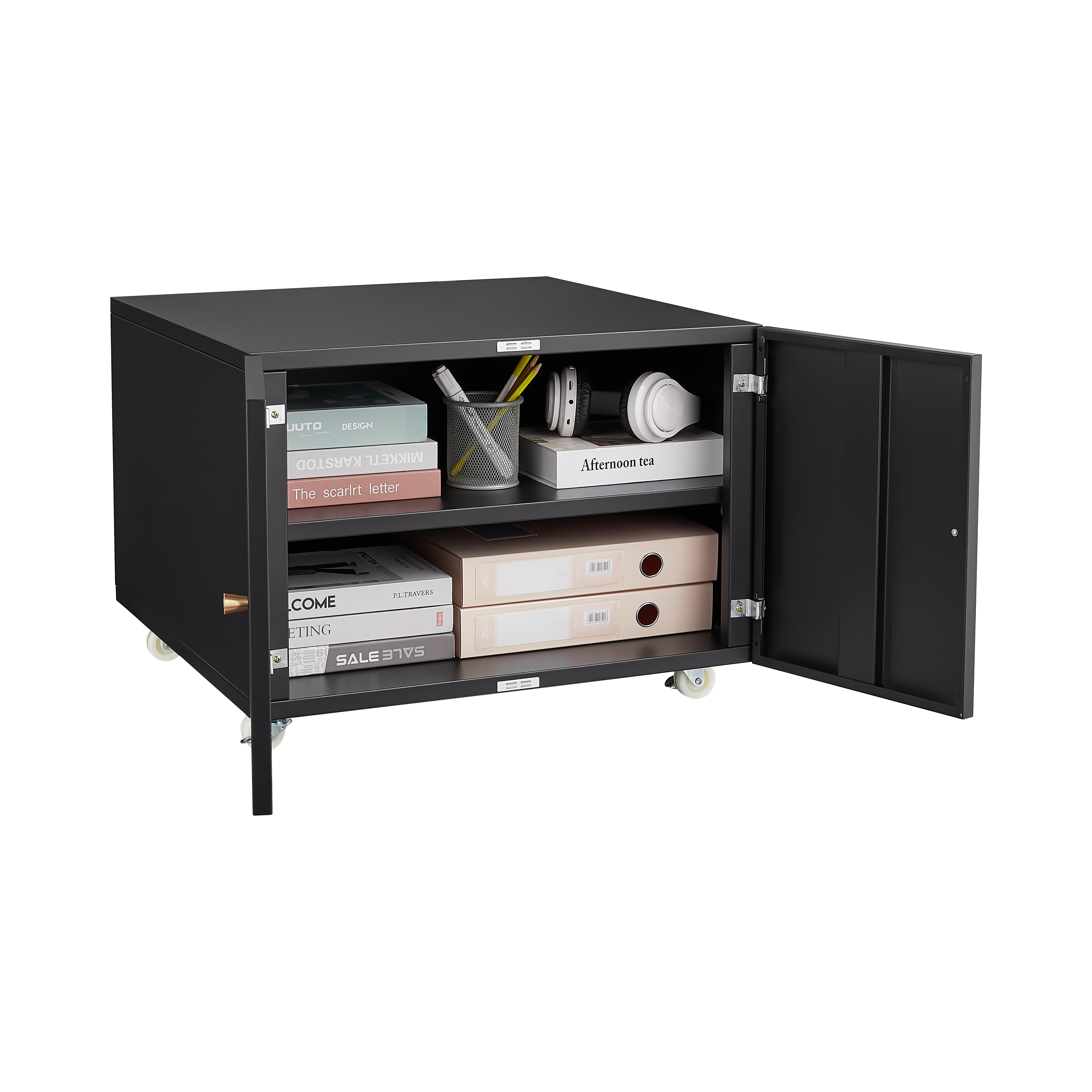 Black Metal Double-Door Printer Cabinet with 360° Lockable Casters, Adjustable Shelves, Waterproof Storage Cabinet for Office / Home / Garage