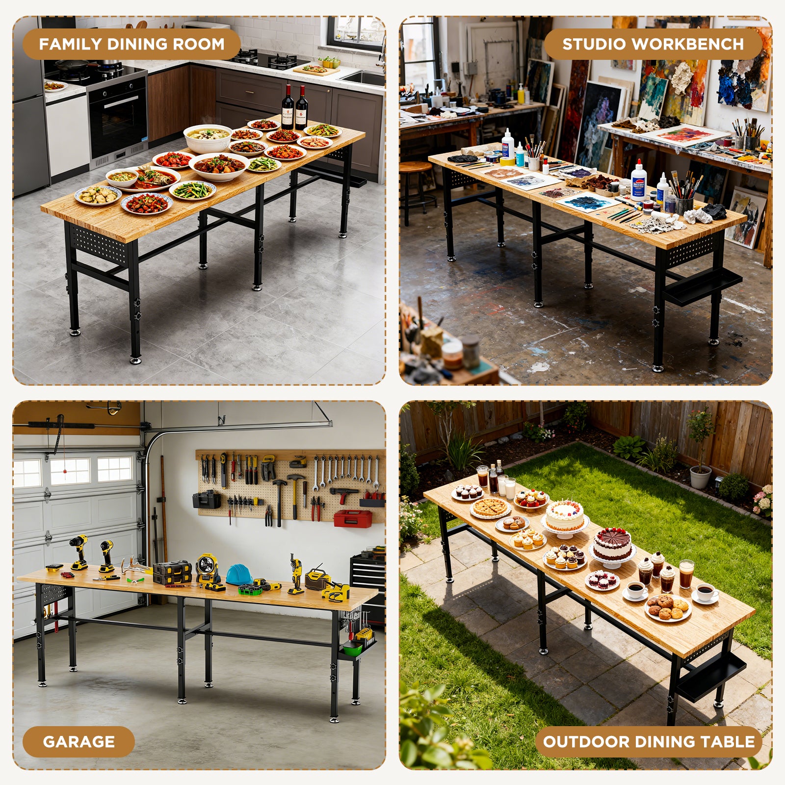 96" Adjustable Workbench with Side Pegboard, Solid Wood Top, 2000 lb Capacity, Power Outlet, Storage Box & Wheels