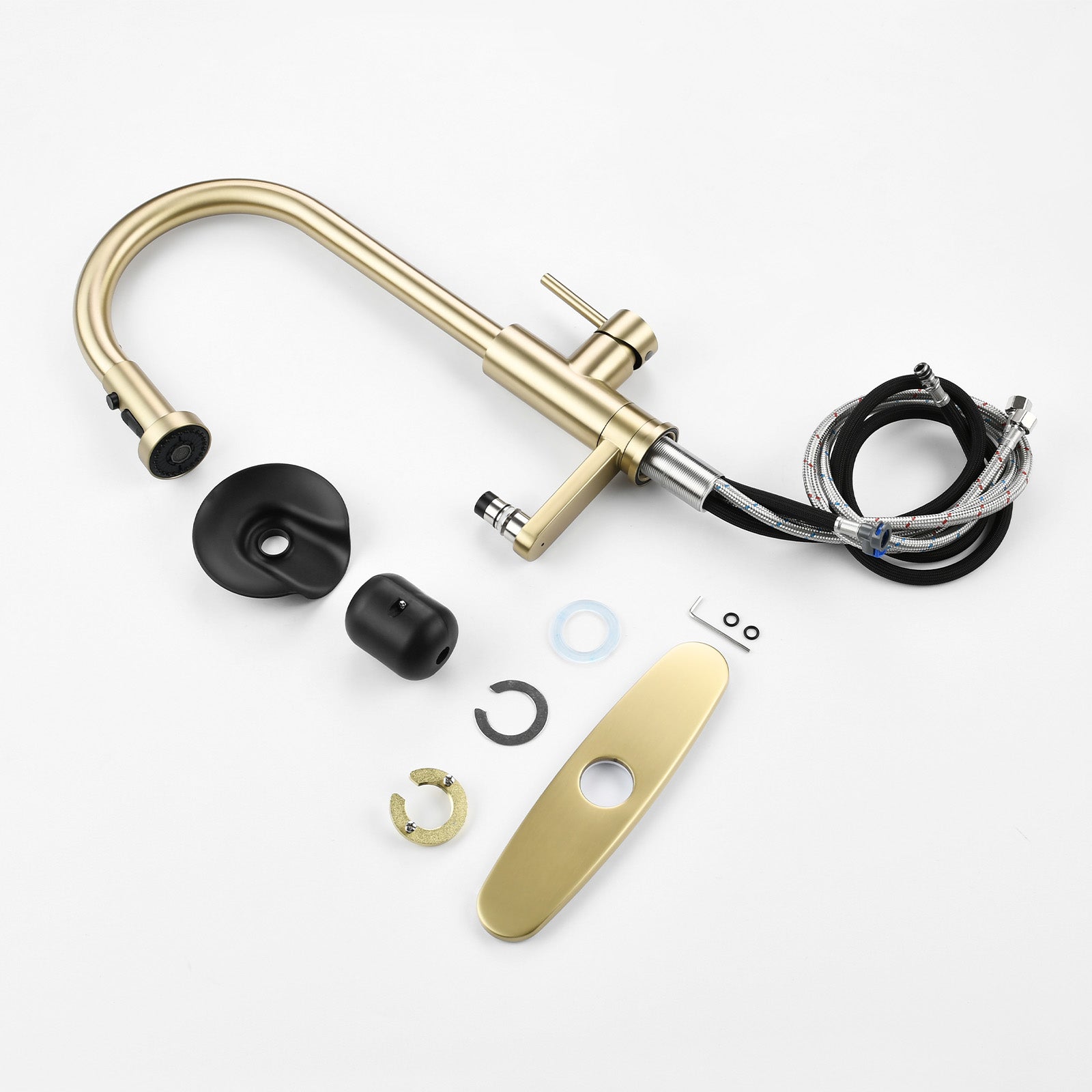 3-in-1 Kitchen Faucet with Press-Type Glass Rinser, Universal for 1 & 3 Holes, High-Arc Pull-Down Sprayer with 3 Function Spray Mode, Brushed Gold Finish