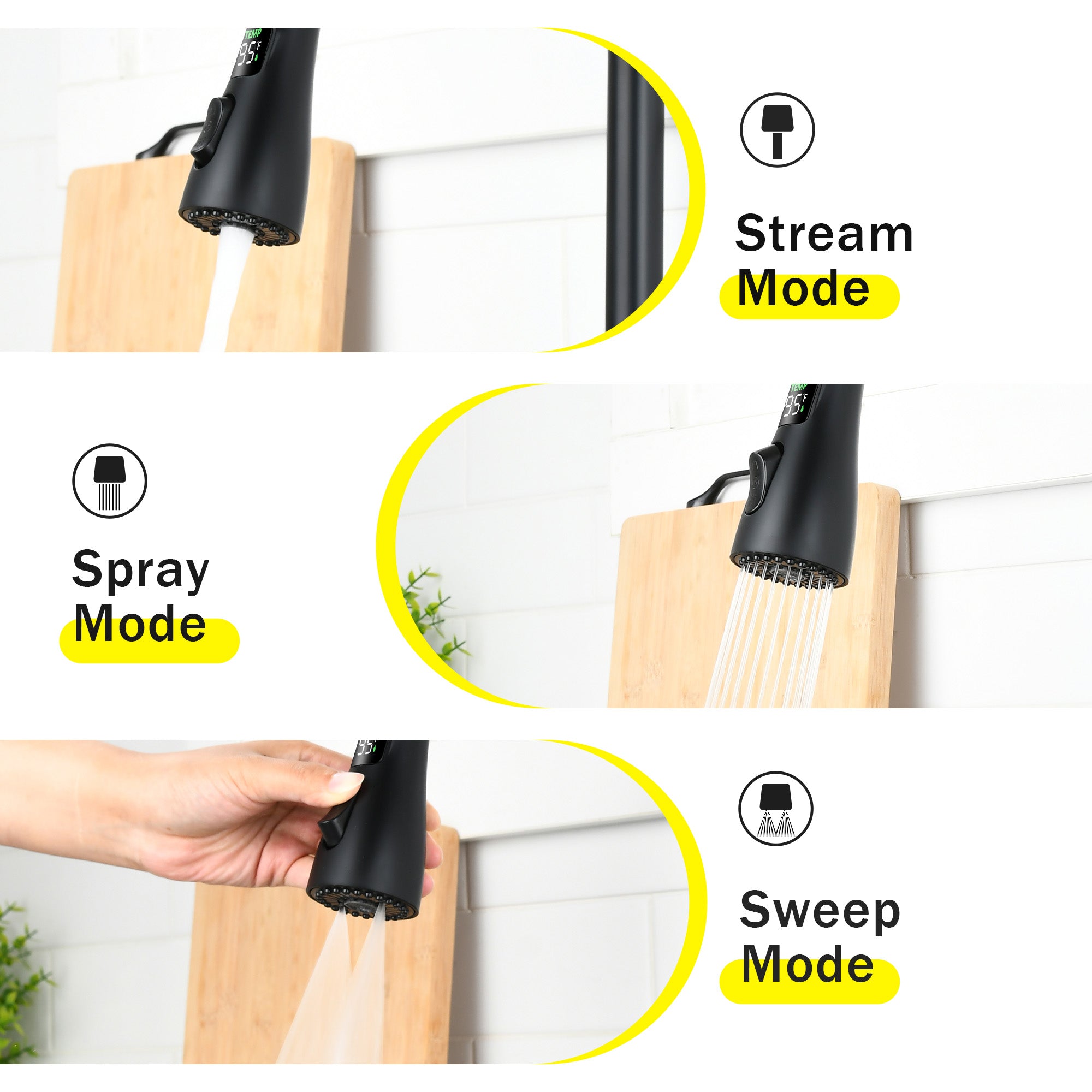 3-in-1 Kitchen Faucet with 3-Color LED Temperature Display, Press-Type Glass Rinser, High-Arc Pull-Down Sprayer, 3 Spray Modes, Matte Black Finish for Modern Kitchen Sink