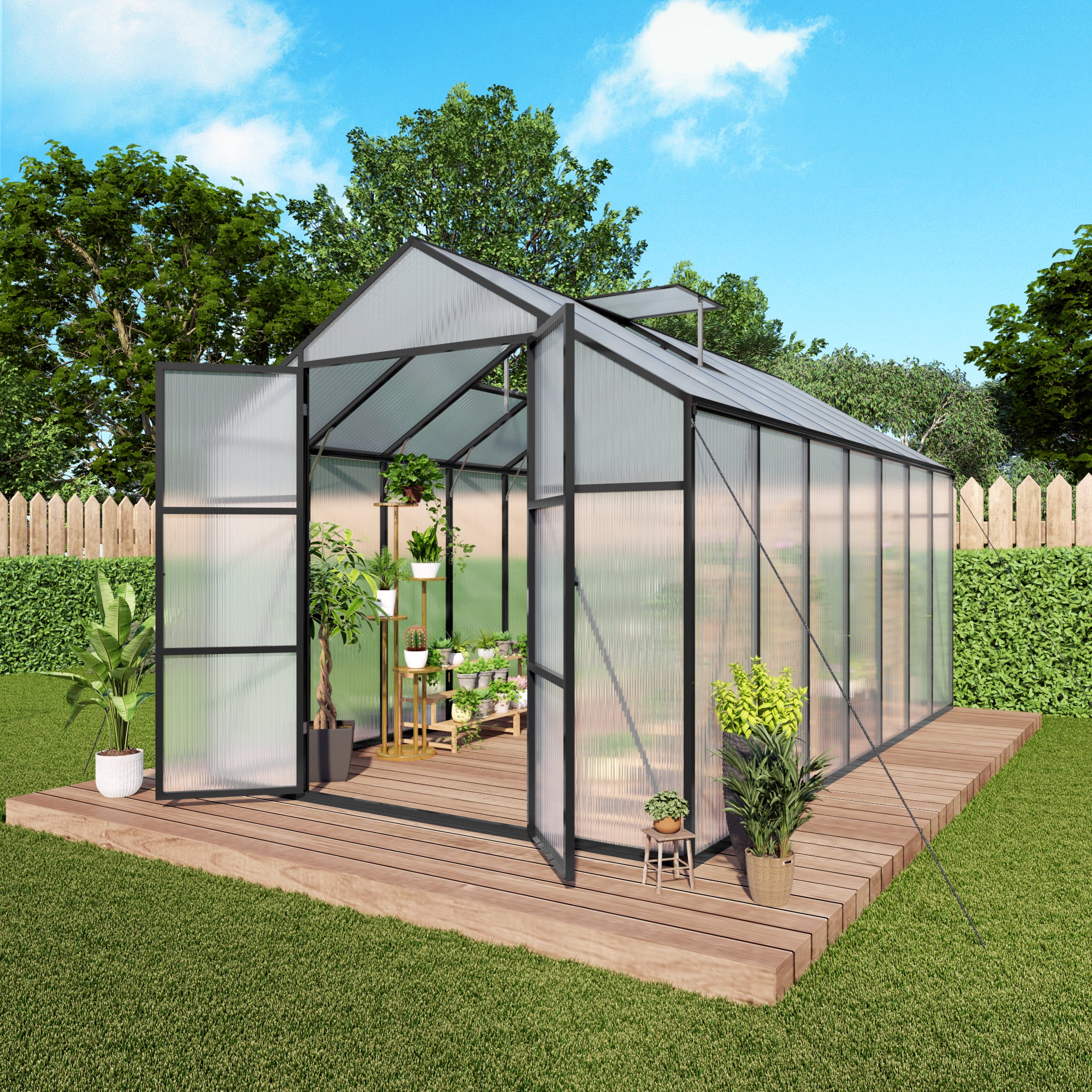 8ft x 14ft Heavy‑Duty Aluminum Walk‑In Greenhouse — Raised Base Polycarbonate Panels & Drainage System Black