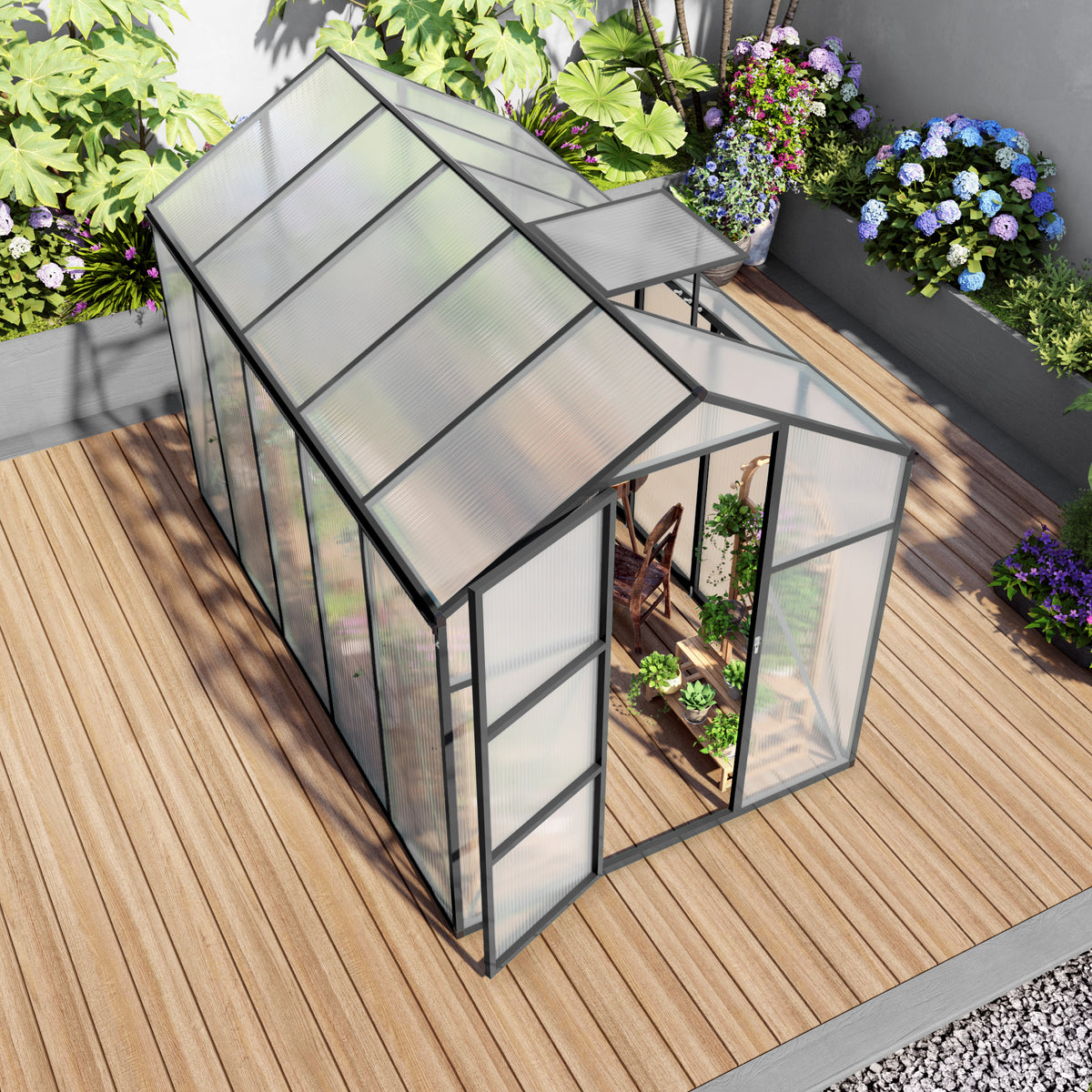6ft x 10ft Heavy‑Duty Aluminum Walk‑In Greenhouse — Wind‑Resistant Polycarbonate Panels with Raised Base & Drainage System Black