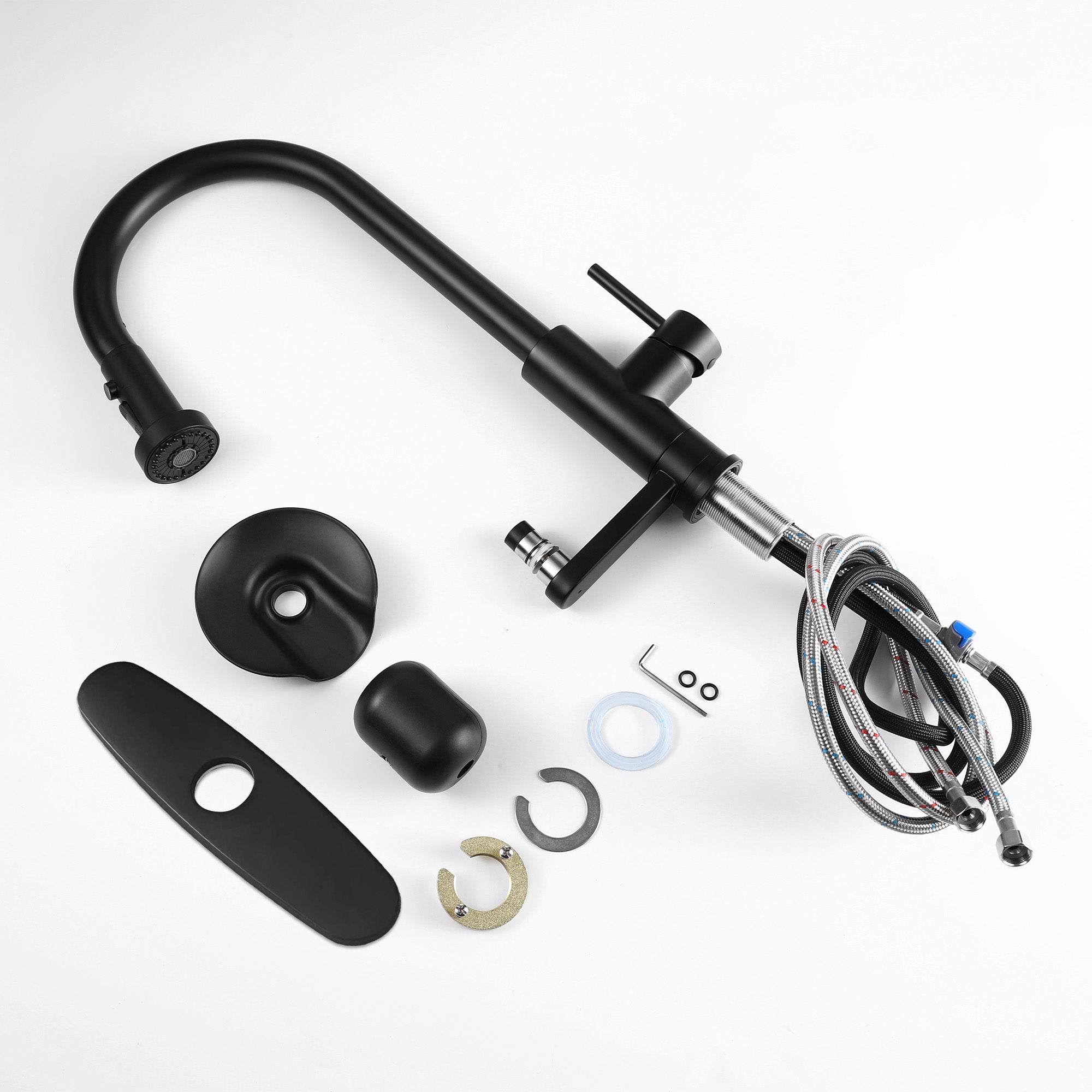 3-in-1 Kitchen Faucet with Press-Type Glass Rinser, High-Arc Pull-Down Sprayer Faucet, 3 Function Spray Mode, Matte Black Finish, for Modern Kitchen Sink