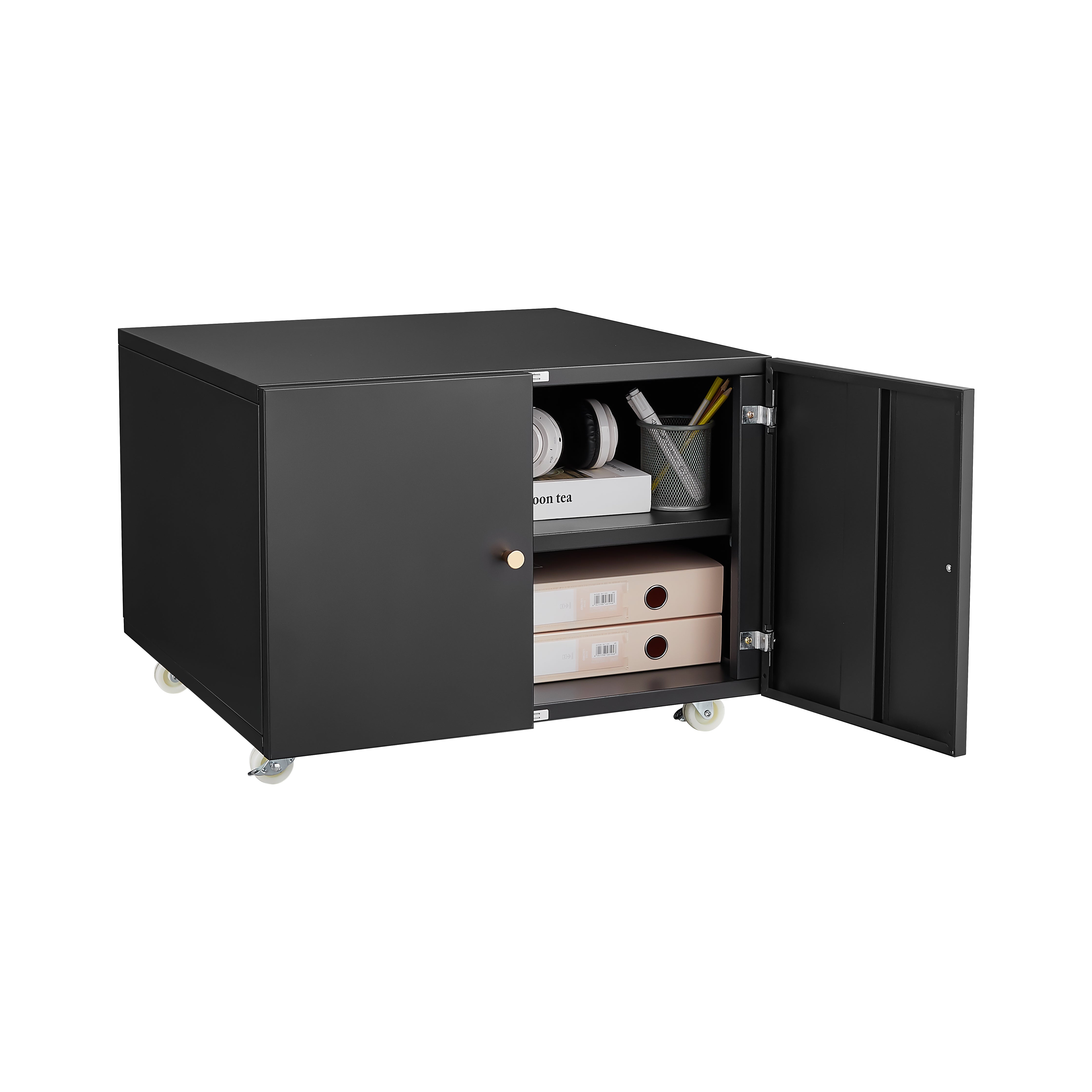 Black Metal Double-Door Printer Cabinet with 360° Lockable Casters, Adjustable Shelves, Waterproof Storage Cabinet for Office / Home / Garage