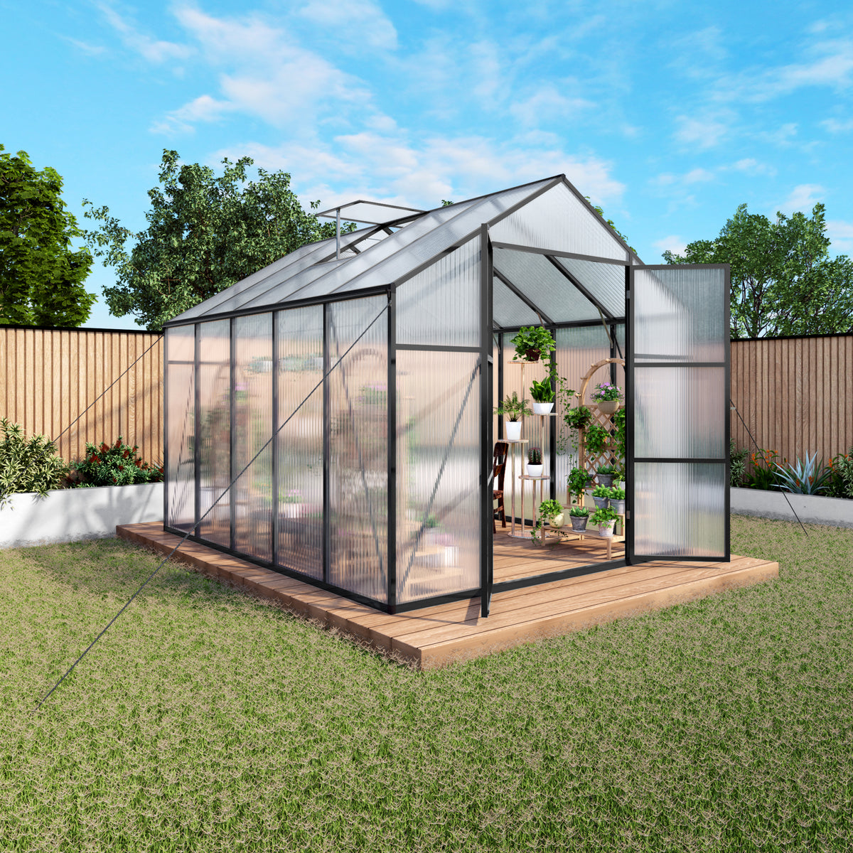 8ft x 10ft Heavy‑Duty Aluminum Walk‑In Greenhouse — 4mm Polycarbonate Panels Drainage System & Adjustable Vents Black