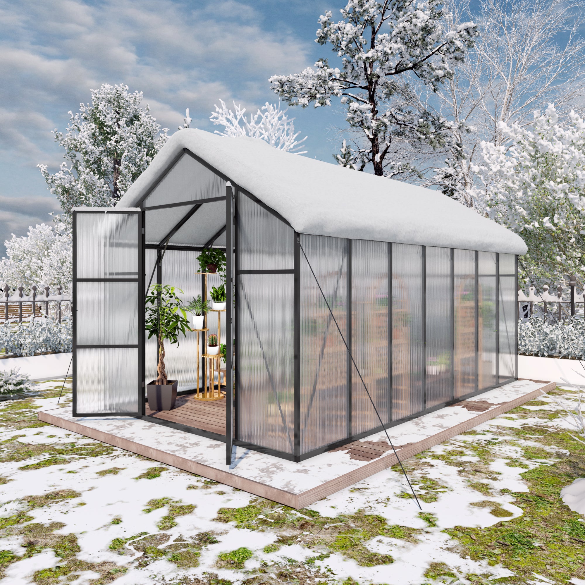 8ft x 14ft Heavy‑Duty Aluminum Walk‑In Greenhouse — Raised Base Polycarbonate Panels & Drainage System Black