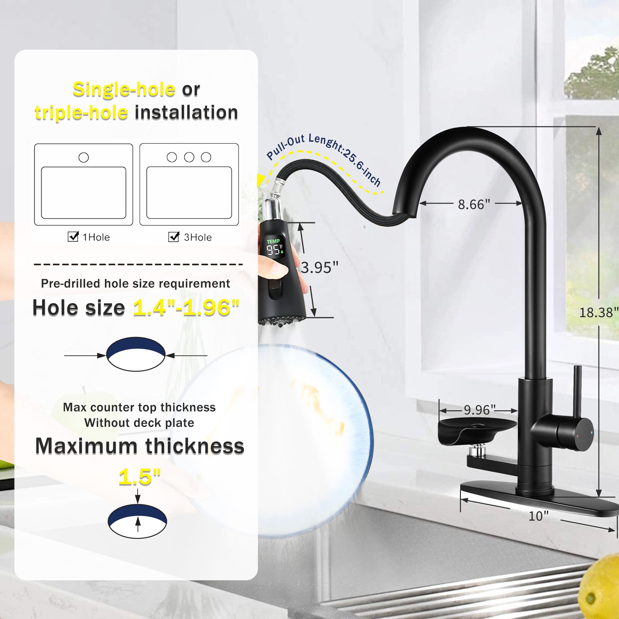 3-in-1 Kitchen Faucet with 3-Color LED Temperature Display, Press-Type Glass Rinser, High-Arc Pull-Down Sprayer, 3 Spray Modes, Matte Black Finish for Modern Kitchen Sink