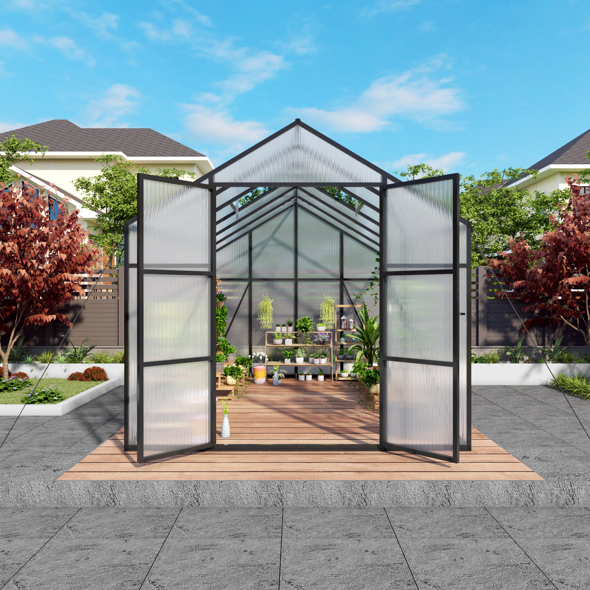 8ft x 12ft Heavy‑Duty Aluminum Walk‑In Greenhouse — 4mm Polycarbonate Panels Raised Base & Drainage System Black