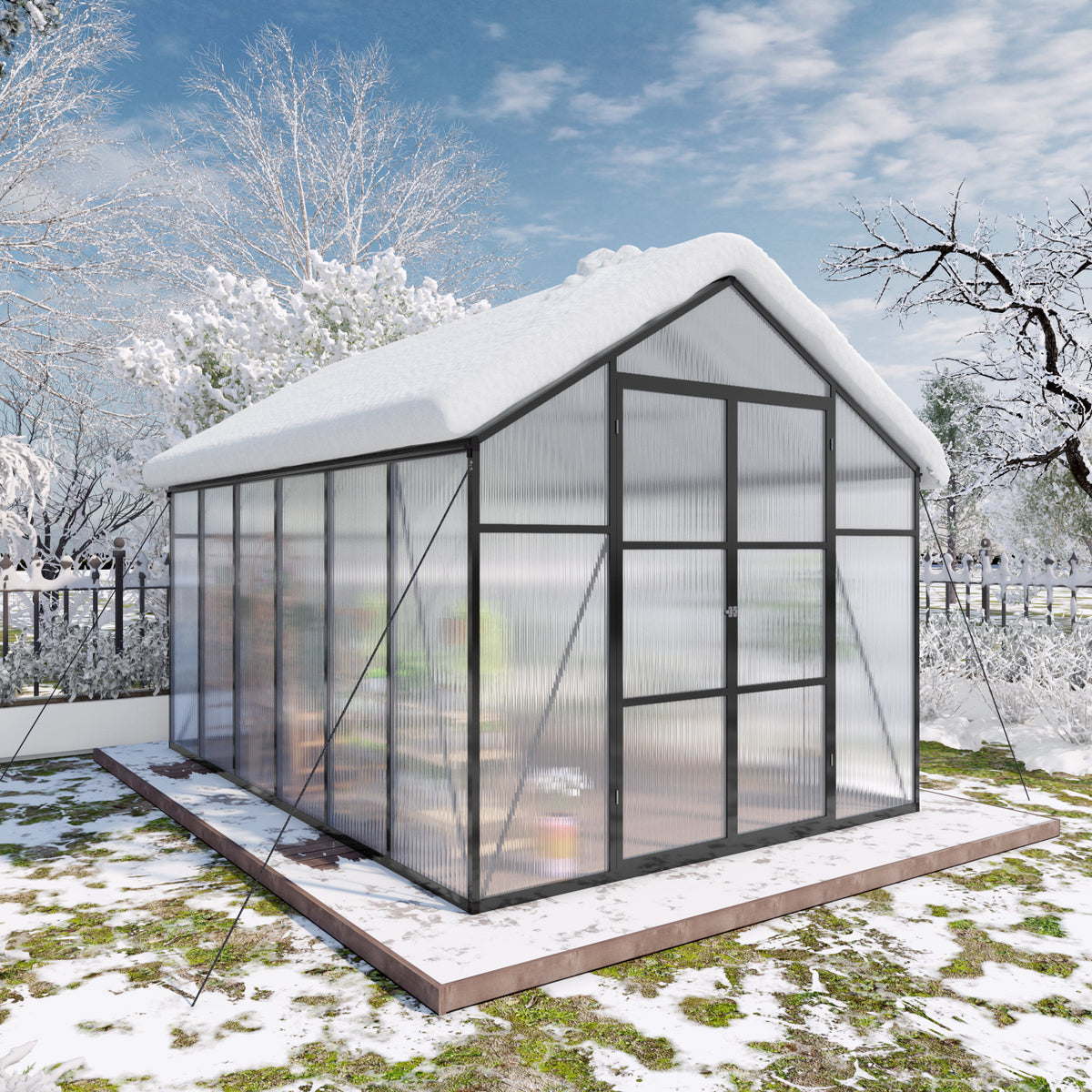 8ft x 12ft Heavy‑Duty Aluminum Walk‑In Greenhouse — 4mm Polycarbonate Panels Raised Base & Drainage System Black