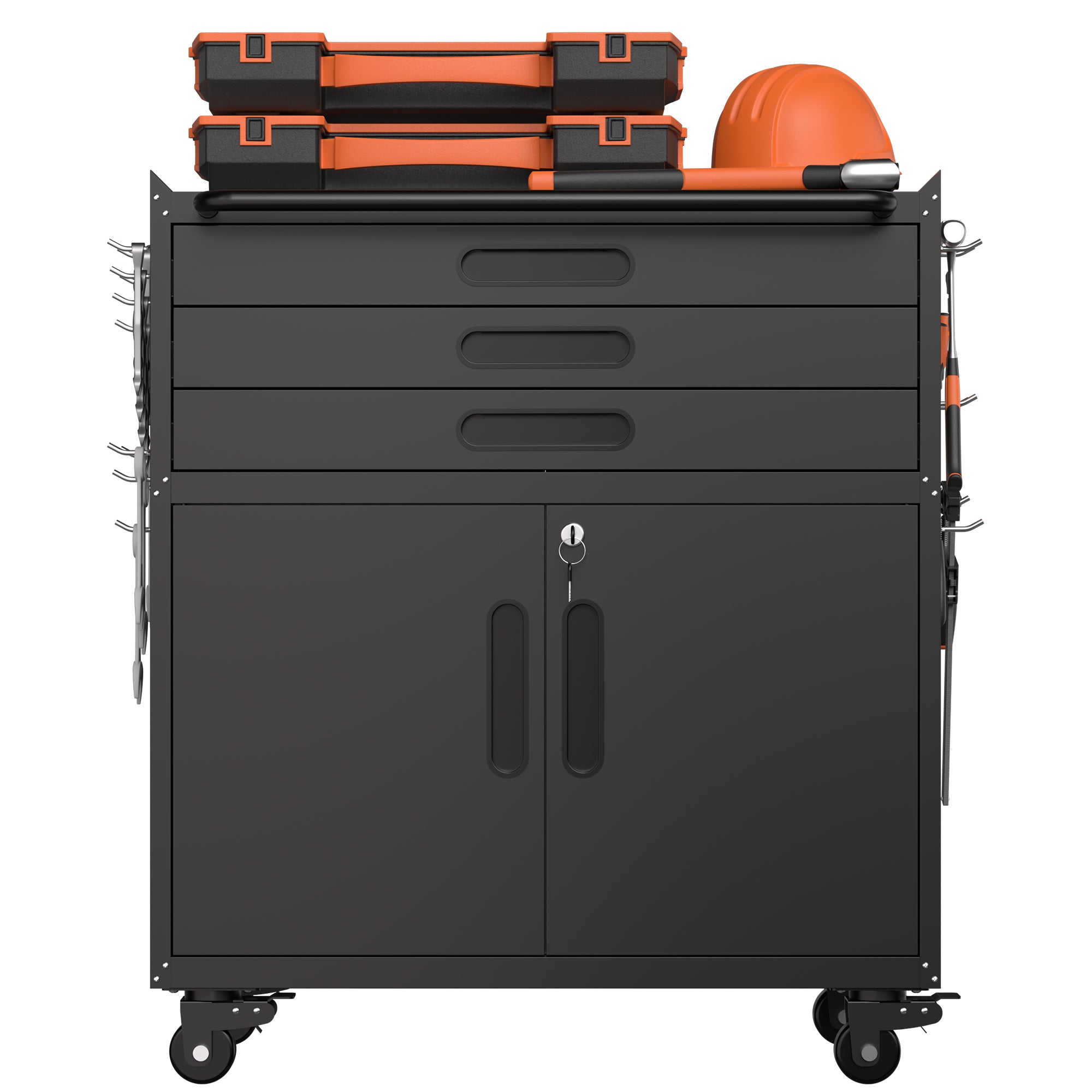34.3" Rolling Metal Tool Cabinet with Lockable Doors, 3 Drawers & Pegboard Sides