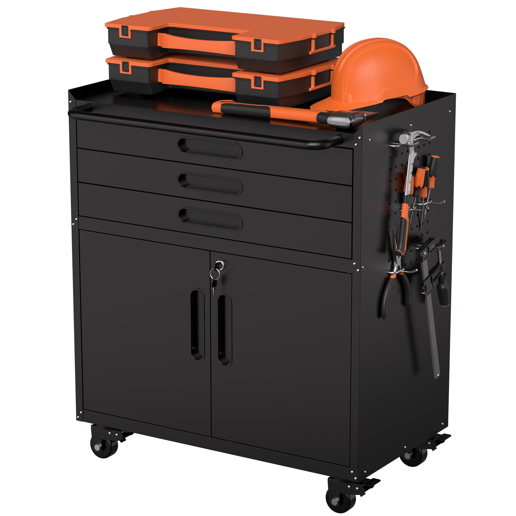 34.3" Rolling Metal Tool Cabinet with Lockable Doors, 3 Drawers & Pegboard Sides