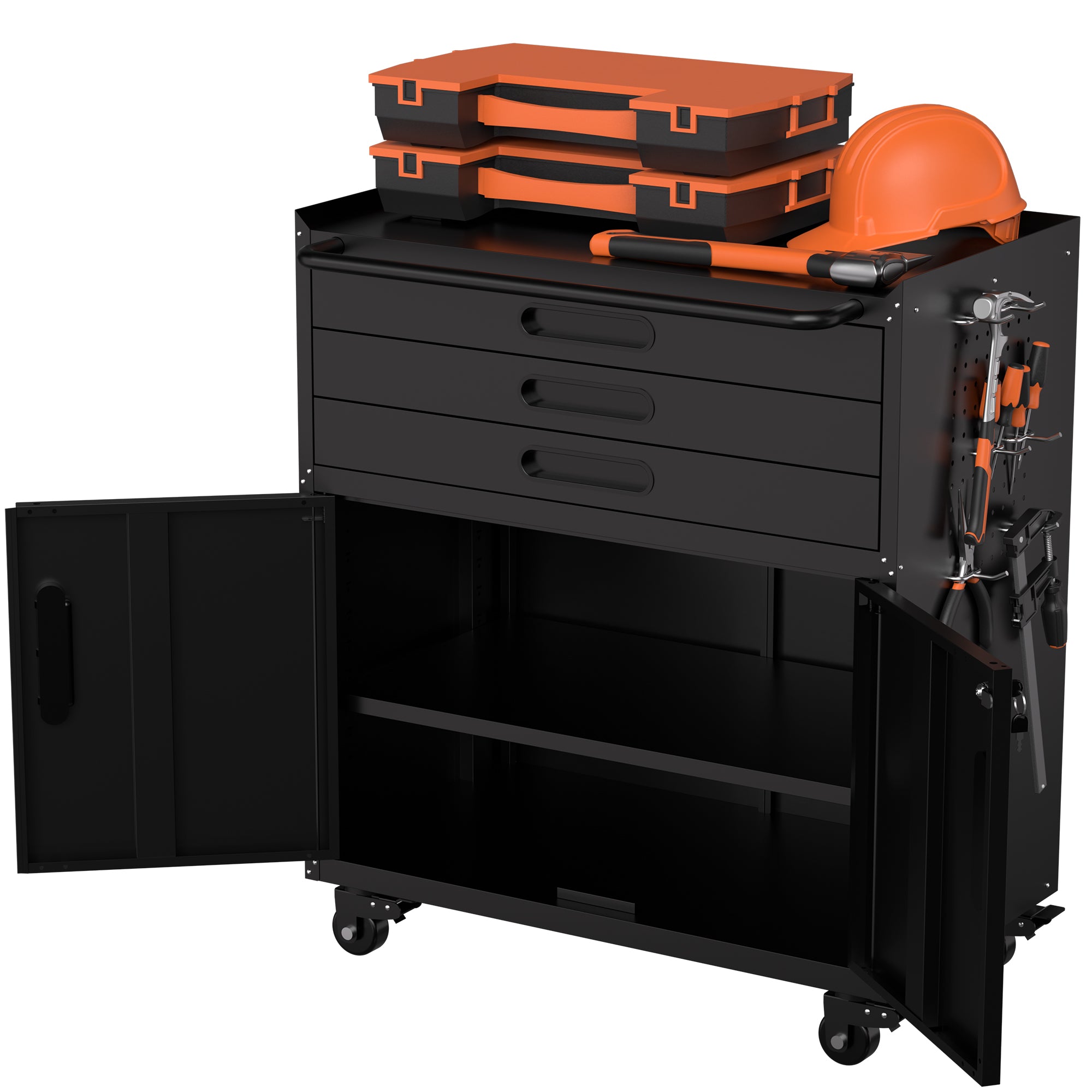 34.3" Rolling Metal Tool Cabinet with Lockable Doors, 3 Drawers & Pegboard Sides