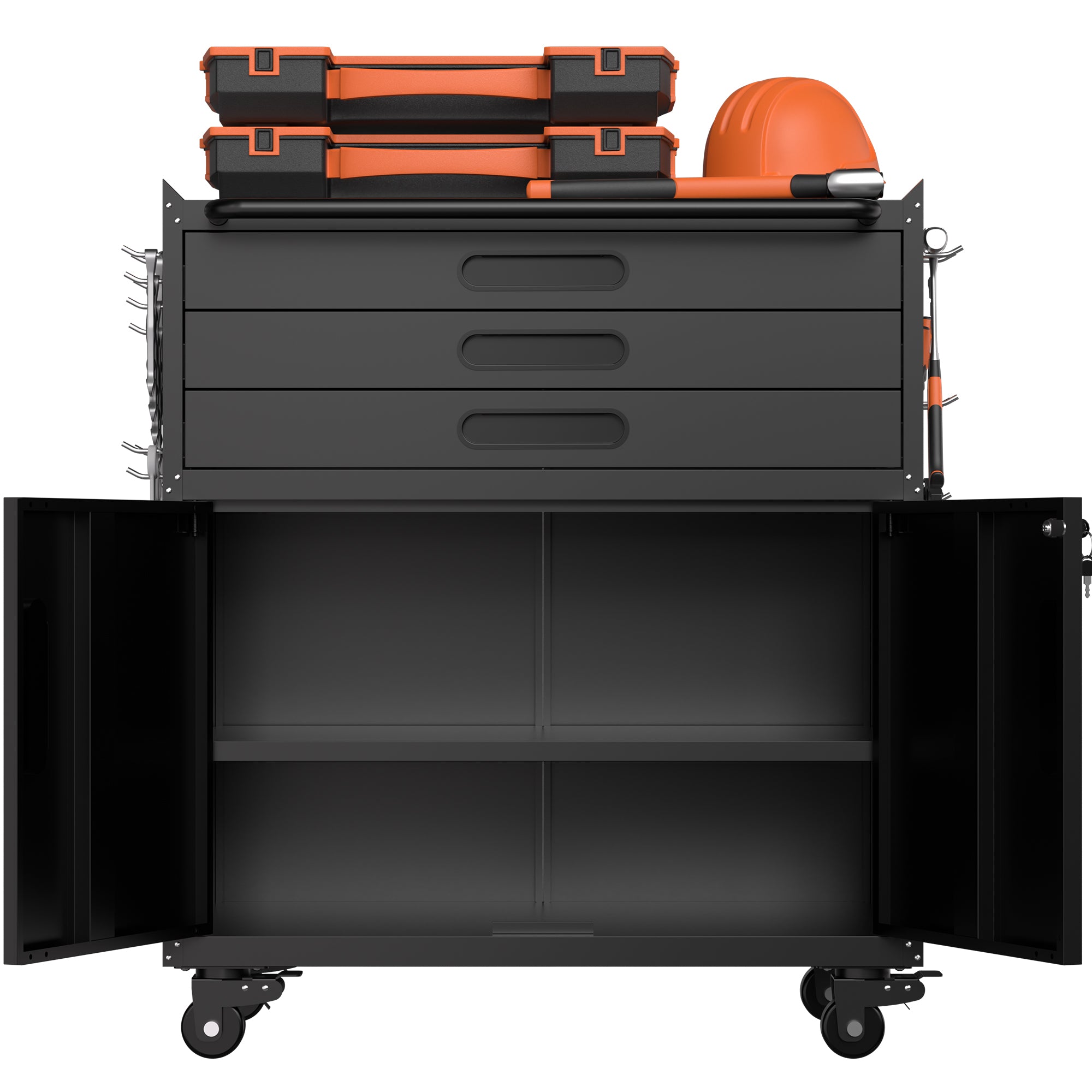 34.3" Rolling Metal Tool Cabinet with Lockable Doors, 3 Drawers & Pegboard Sides