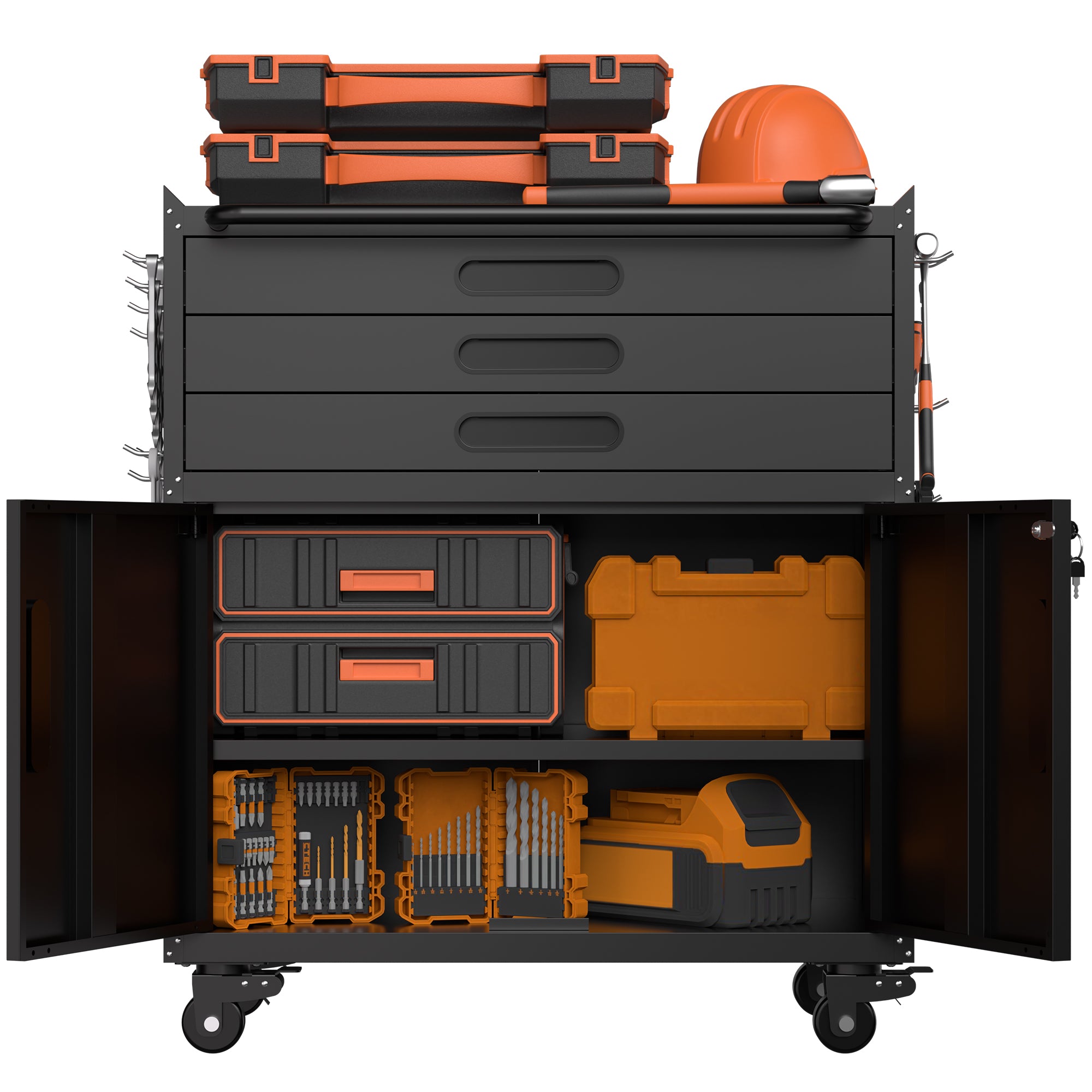34.3" Rolling Metal Tool Cabinet with Lockable Doors, 3 Drawers & Pegboard Sides