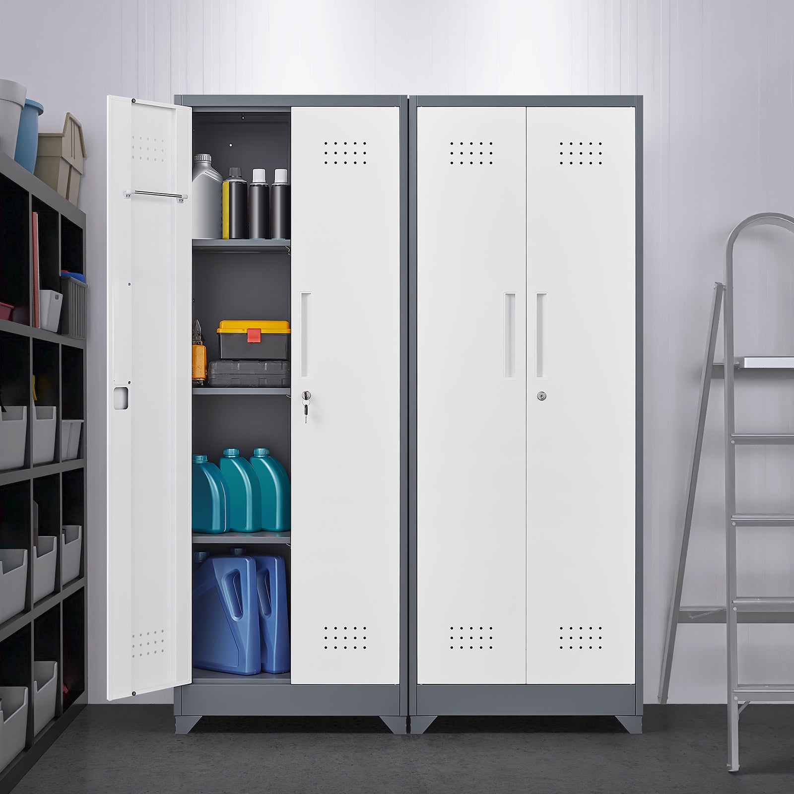 65" H Metal Broom Storage Cabinet with Locking Doors, Hanging Rod, S-Hooks & Adjustable Shelves – Grey