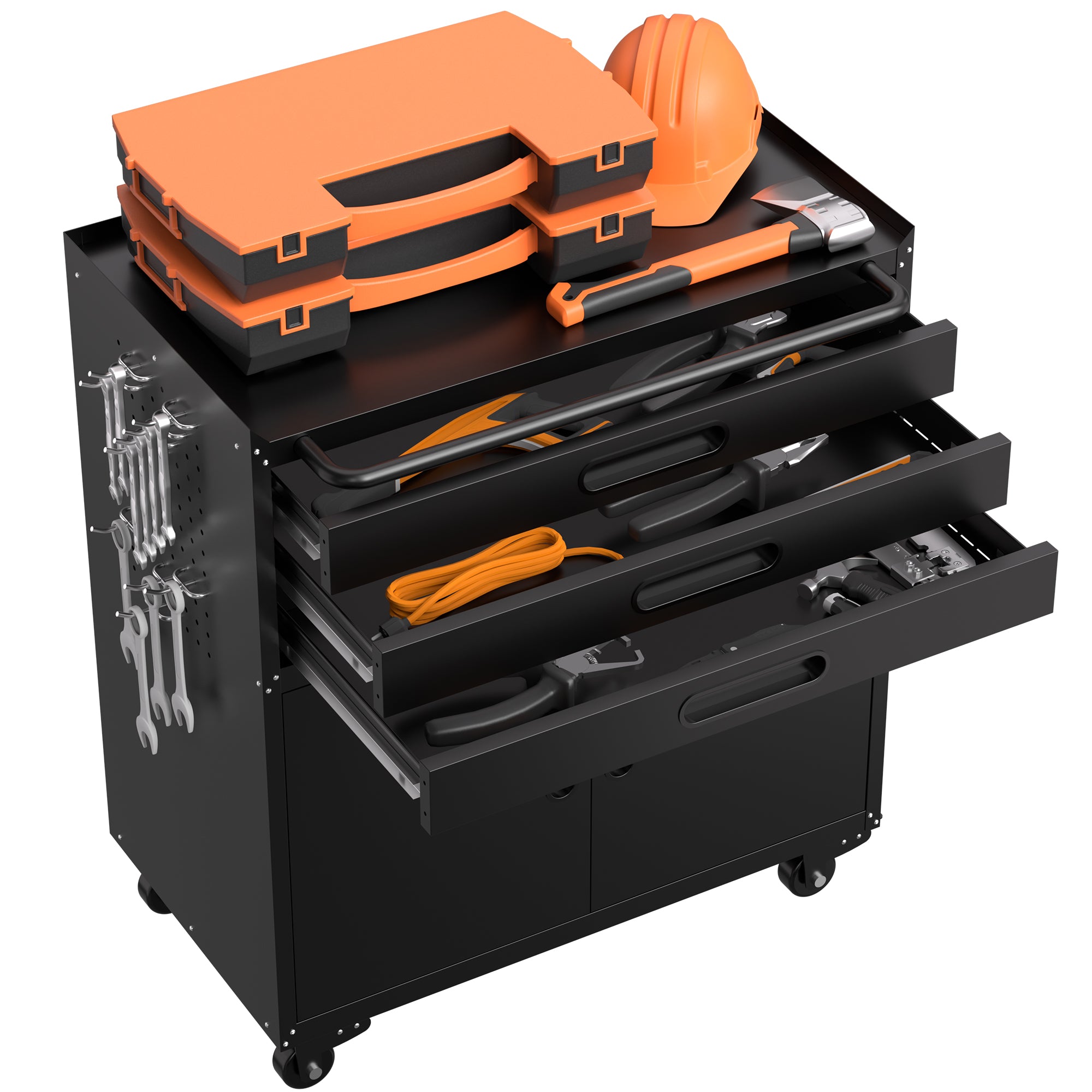 34.3" Rolling Metal Tool Cabinet with Lockable Doors, 3 Drawers & Pegboard Sides