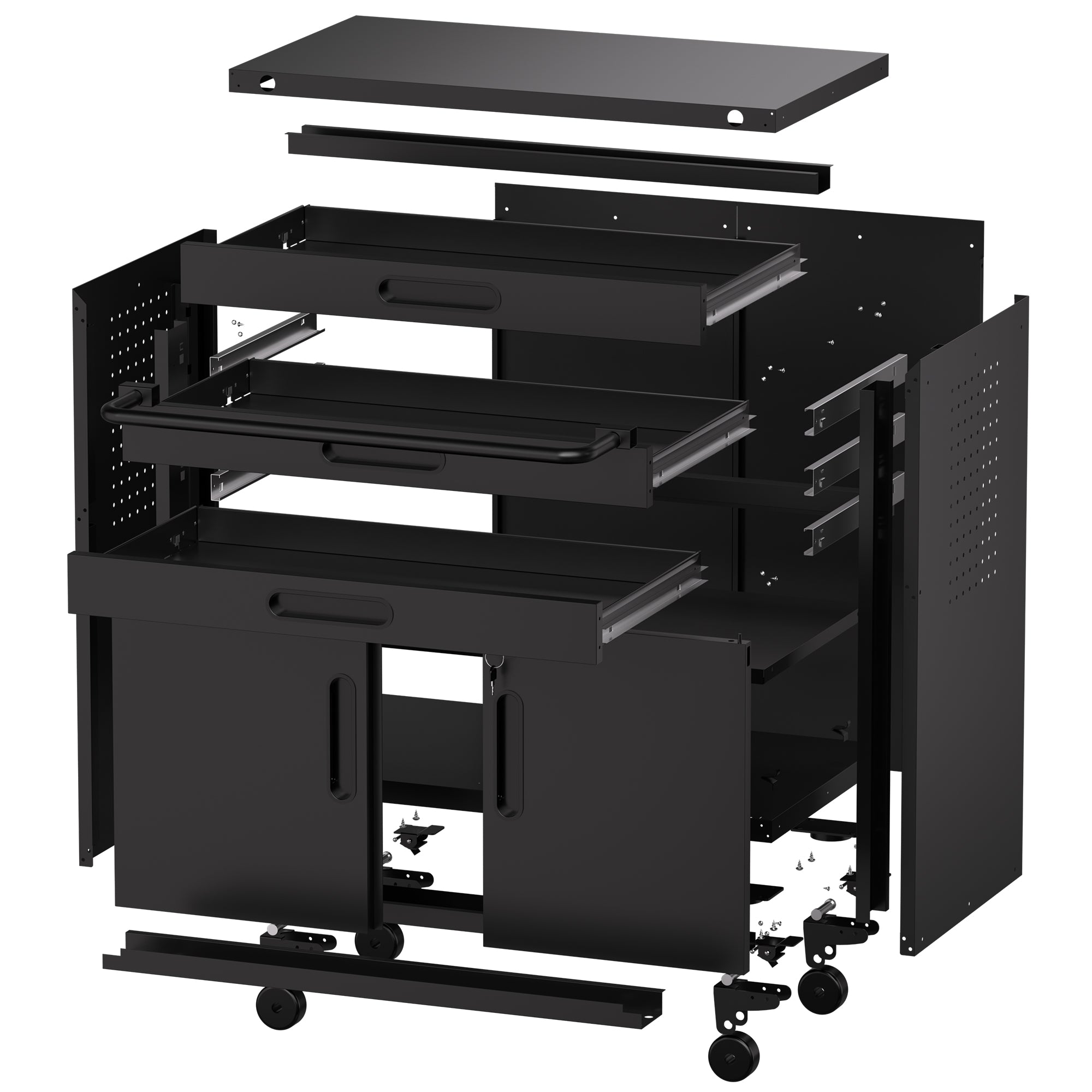 34.3" Rolling Metal Tool Cabinet with Lockable Doors, 3 Drawers & Pegboard Sides