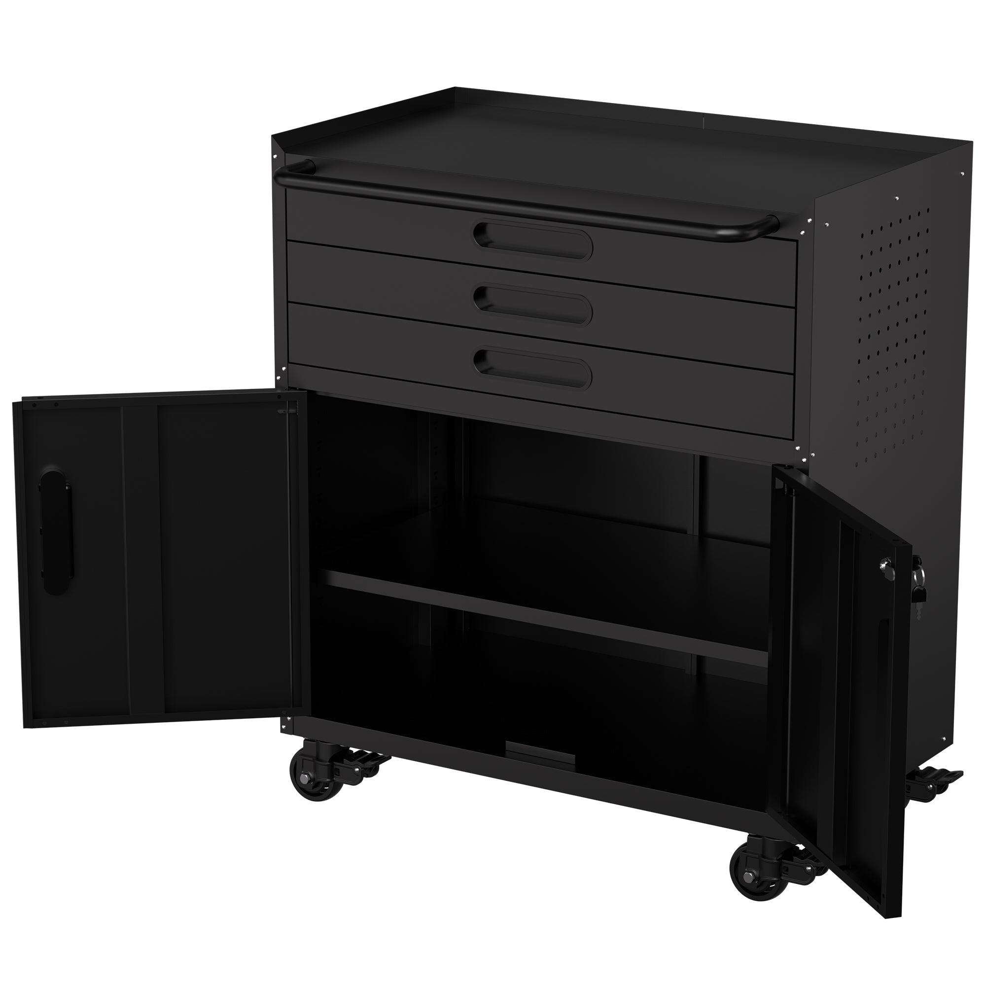 34.3" Rolling Metal Tool Cabinet - Heavy Duty Garage Storage with Lockable Doors & 3 Drawers, Mobile Workbench Organizer for Garage, Workshop, Home