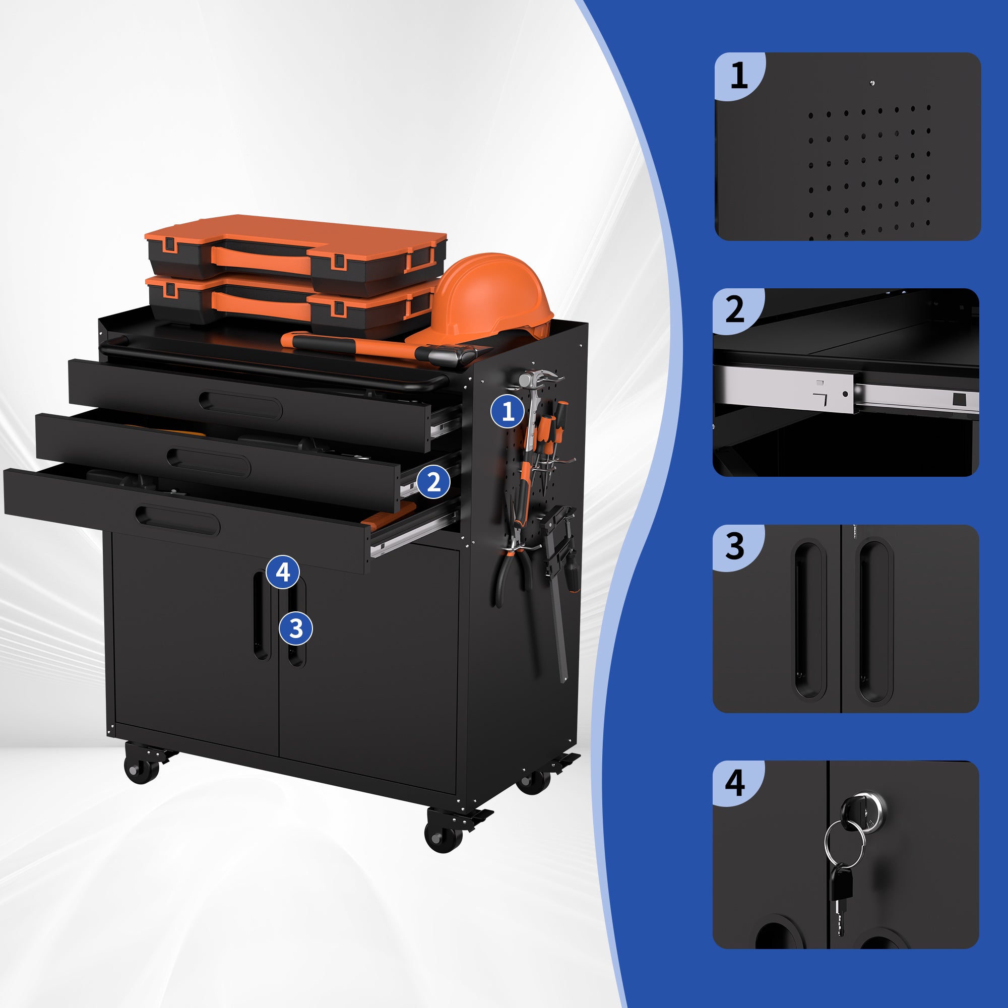 34.3" Rolling Metal Tool Cabinet with Lockable Doors, 3 Drawers & Pegboard Sides