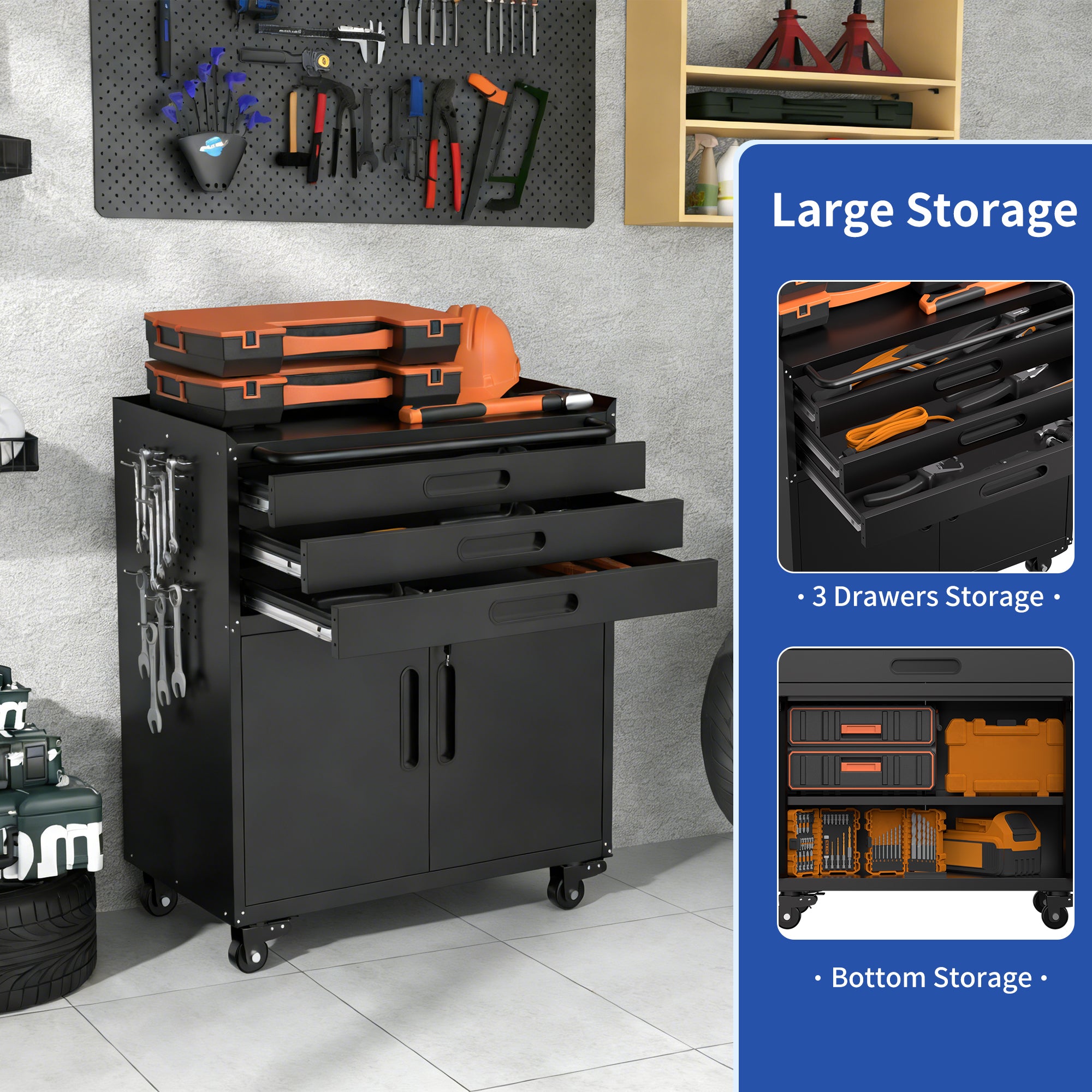 34.3" Rolling Metal Tool Cabinet with Lockable Doors, 3 Drawers & Pegboard Sides