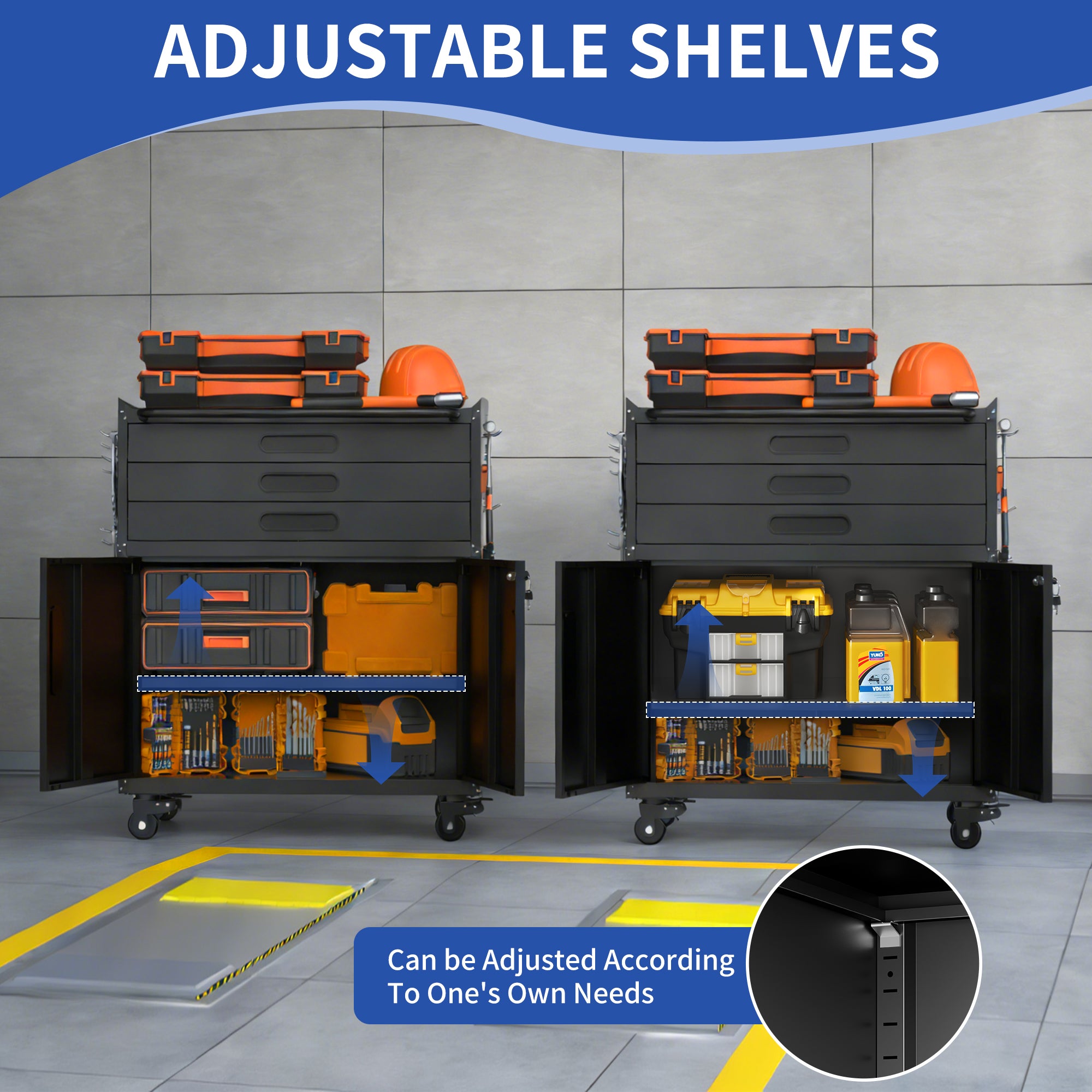 34.3" Rolling Metal Tool Cabinet with Lockable Doors, 3 Drawers & Pegboard Sides