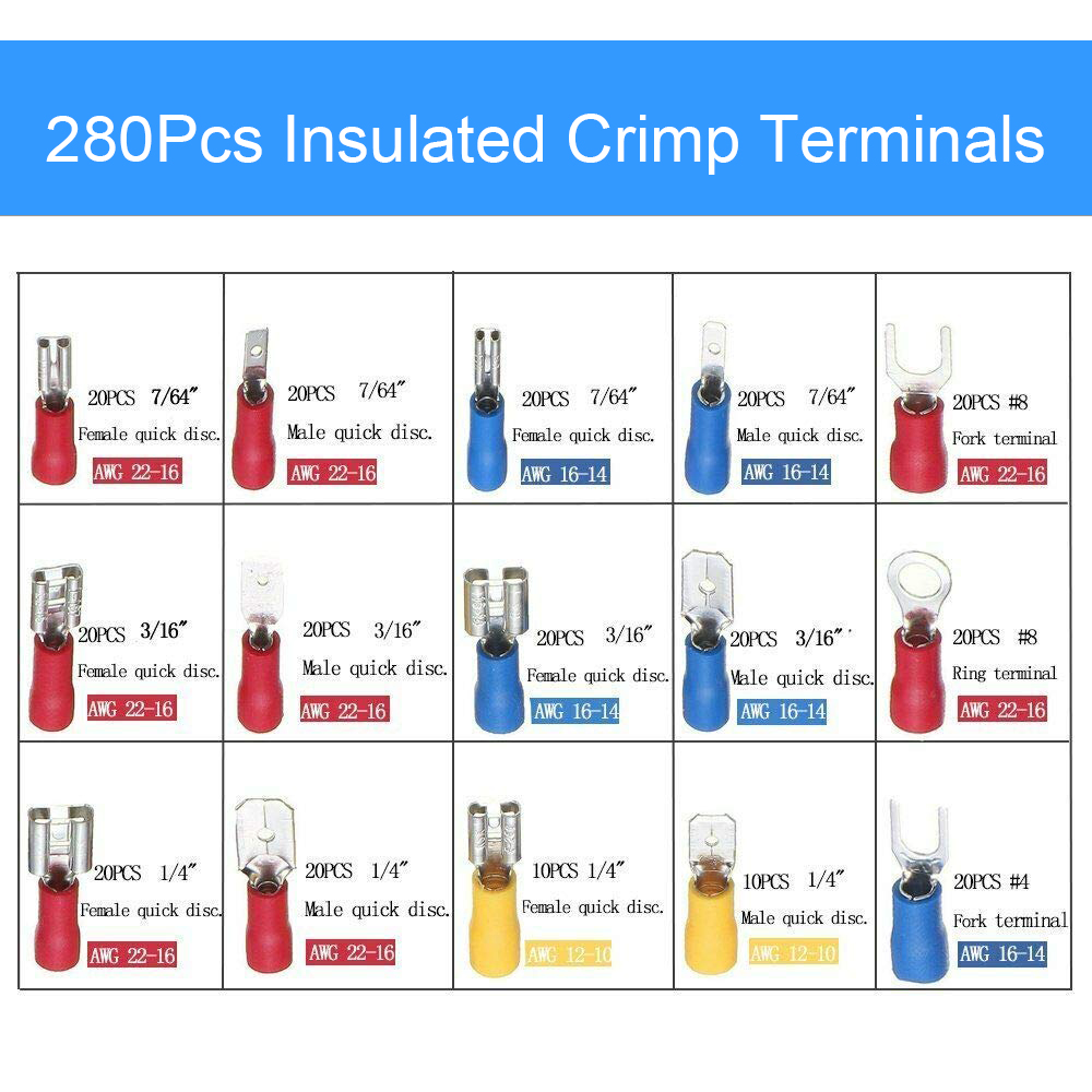 280pcs Assorted Insulated Electrical Wire Terminal Crimp Connector Spade Set Kit