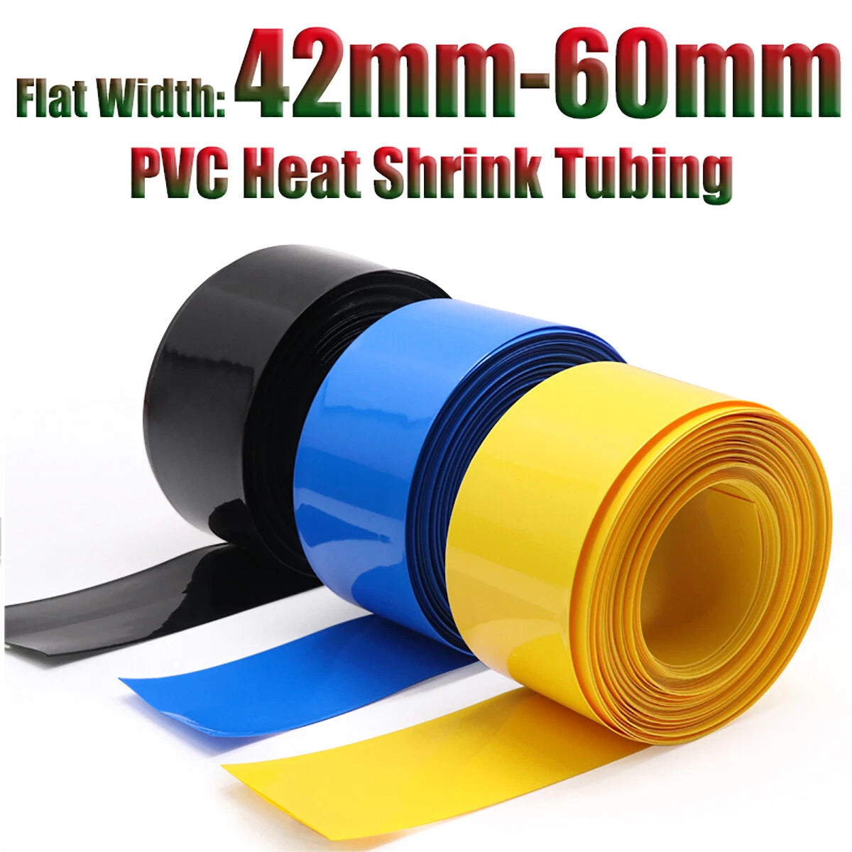 PVC Heat Shrink Tubing for RC Battery Packs — 42mm to 60mm, Multiple Colors