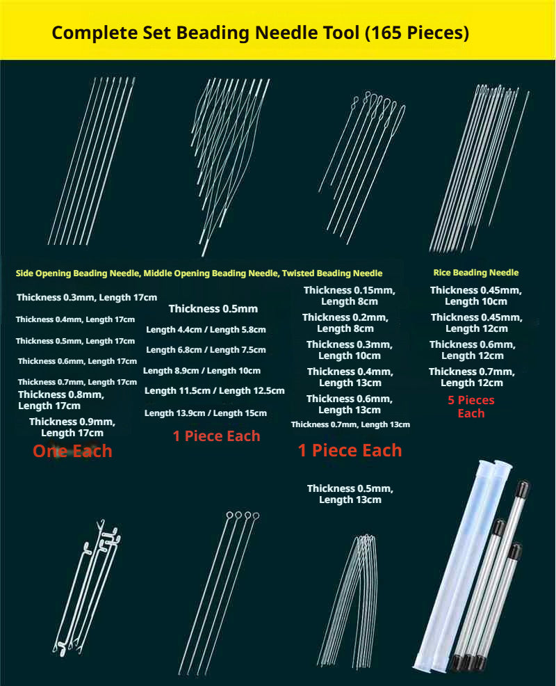 Complete Beading Needle Set – 165+ Pcs Ultra-Fine to Large Hole Needles with Elastic Cords, Wire, Pliers & Storage Box for Jewelry Making