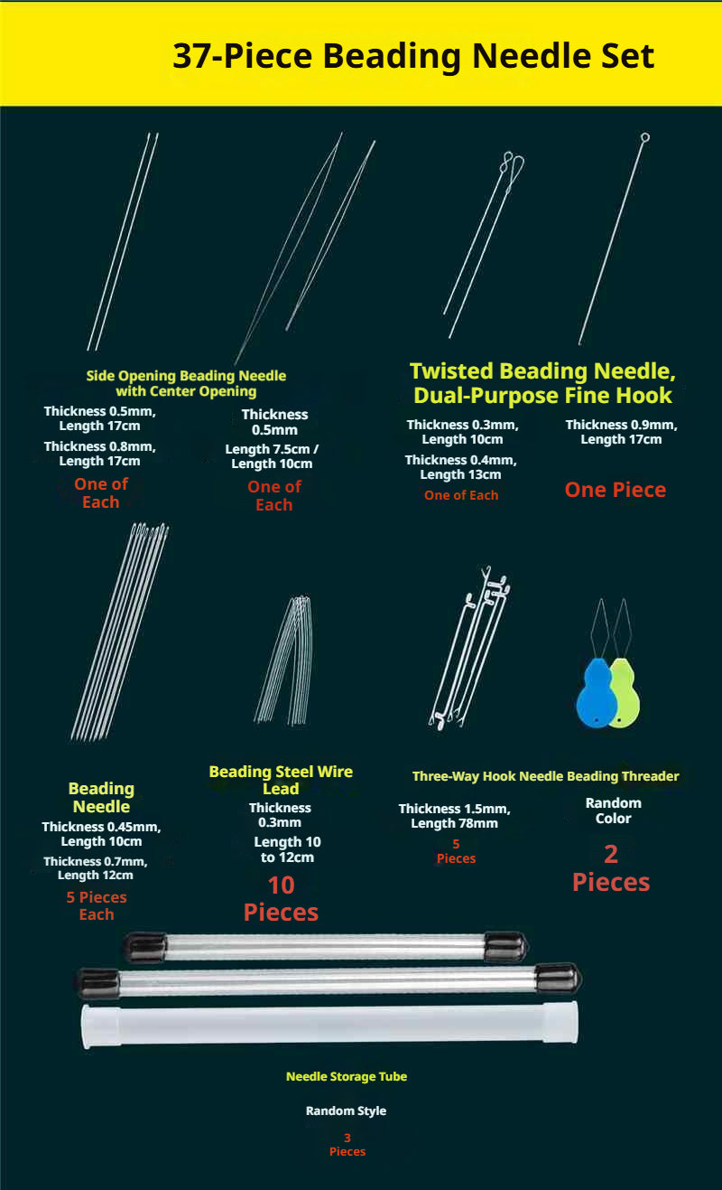 Complete Beading Needle Set – 165+ Pcs Ultra-Fine to Large Hole Needles with Elastic Cords, Wire, Pliers & Storage Box for Jewelry Making