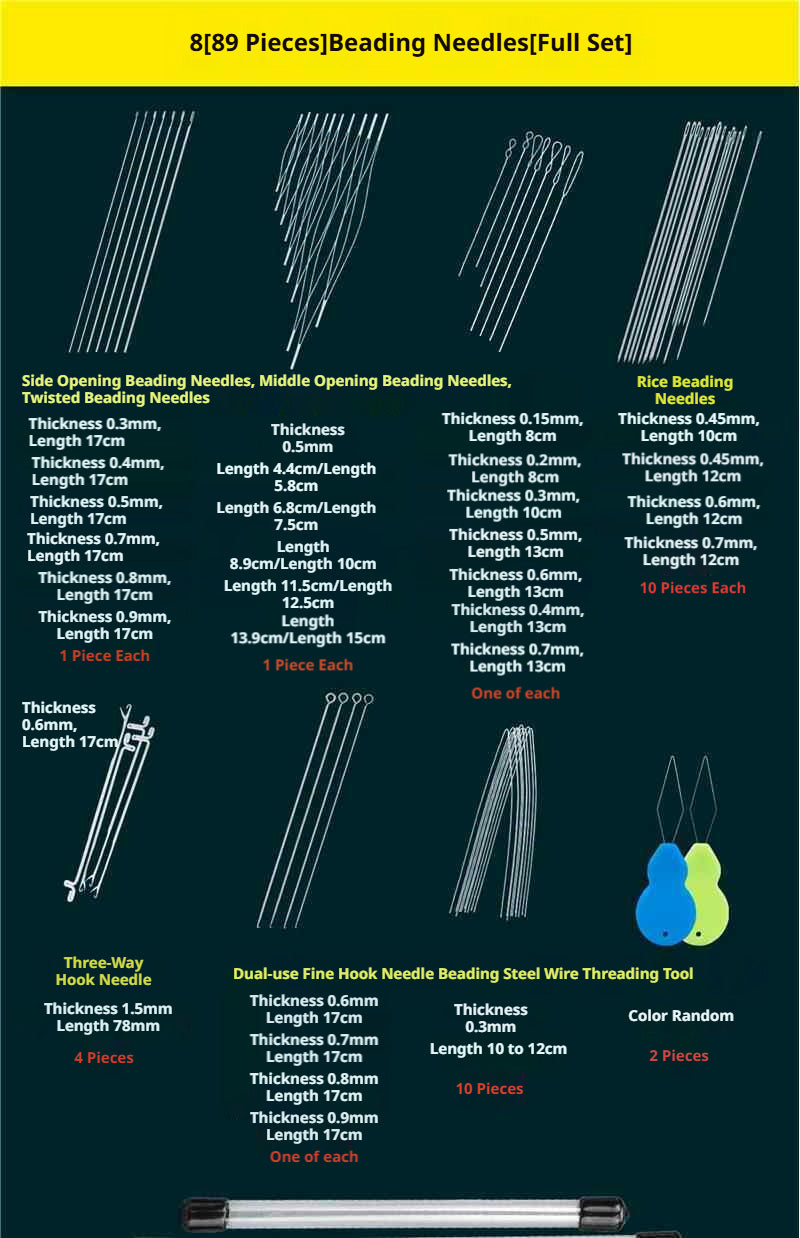 Complete Beading Needle Set – 165+ Pcs Ultra-Fine to Large Hole Needles with Elastic Cords, Wire, Pliers & Storage Box for Jewelry Making