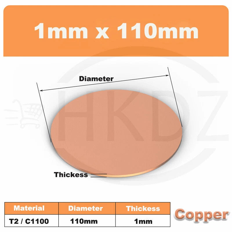 Solid Pure Copper Discs Blanks Round Plate Metal Sheet OD 10-300mm Thick 0.3-3mm