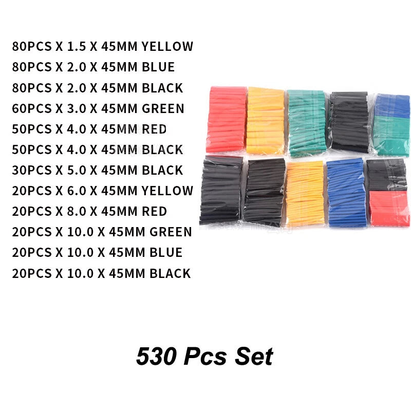Heat Shrink Tubing Kit — 127/164/328/530 Pcs Assortment with Cable Sleeve Wrap